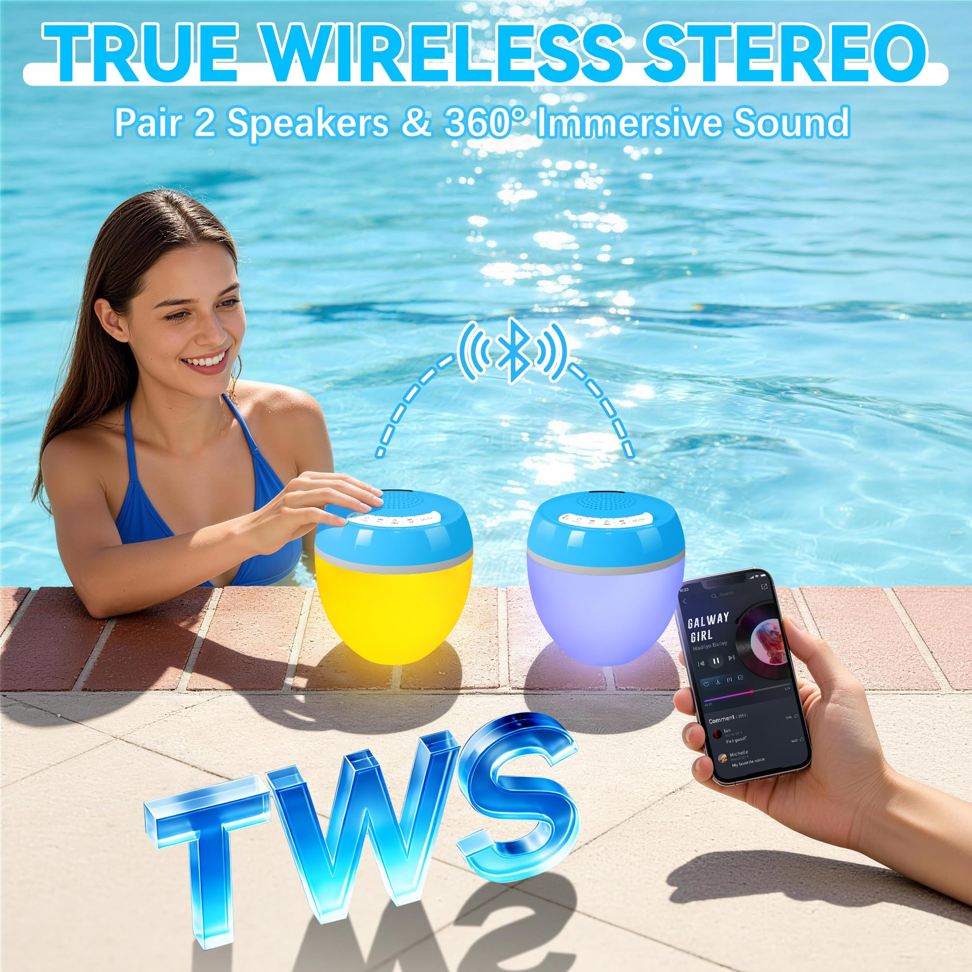 AearKing 3-in-1 Bluetooth Lautsprecher Pool mit Thermometer, Pool Lautsprecher mit RGB Licht, Schwimmender Pool Lautsprecher Wasserdicht IP68, TWS, Tragbarer Lautsprecher,Stereo Musikbox für Whirlpool