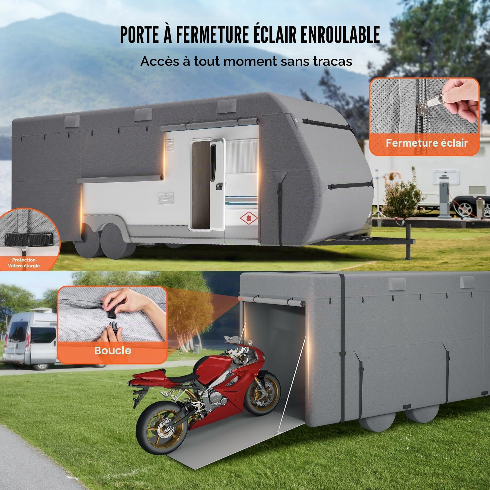 VEVOR Bâche de Protection Camping-Car, 5,5-6,1 m, Housse Caravane Non tissée à 4 Couches, Classe A résistant à l'eau, au Vent et indéchirable, avec Sac de Rangement, rustines de réparation, Sangles
