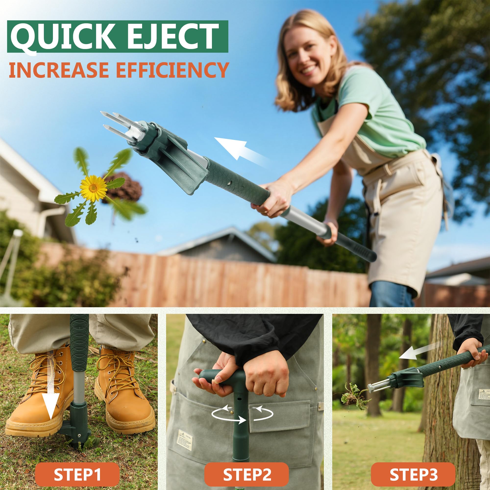ORIENTOOLS Extracteur de mauvaises herbes avec 3 griffes pour pissenlit, outil de traction de racines en acier, manche de 100,1 cm de long, outil de jardin facile à enlever les racines avec poignée en