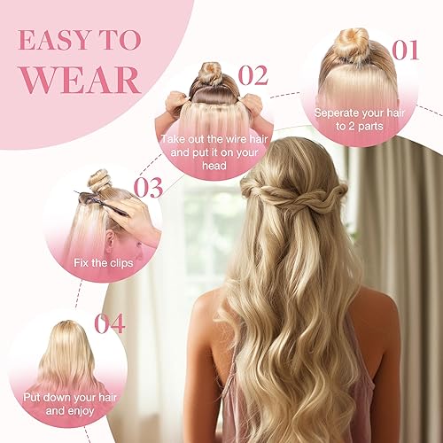 Miniatura 5 de GOO GOO Extensiones de cabello humano con alambre, color rubio platino, 20 pulgadas, 110 g, extensiones de cabello humano Remy, extensiones de