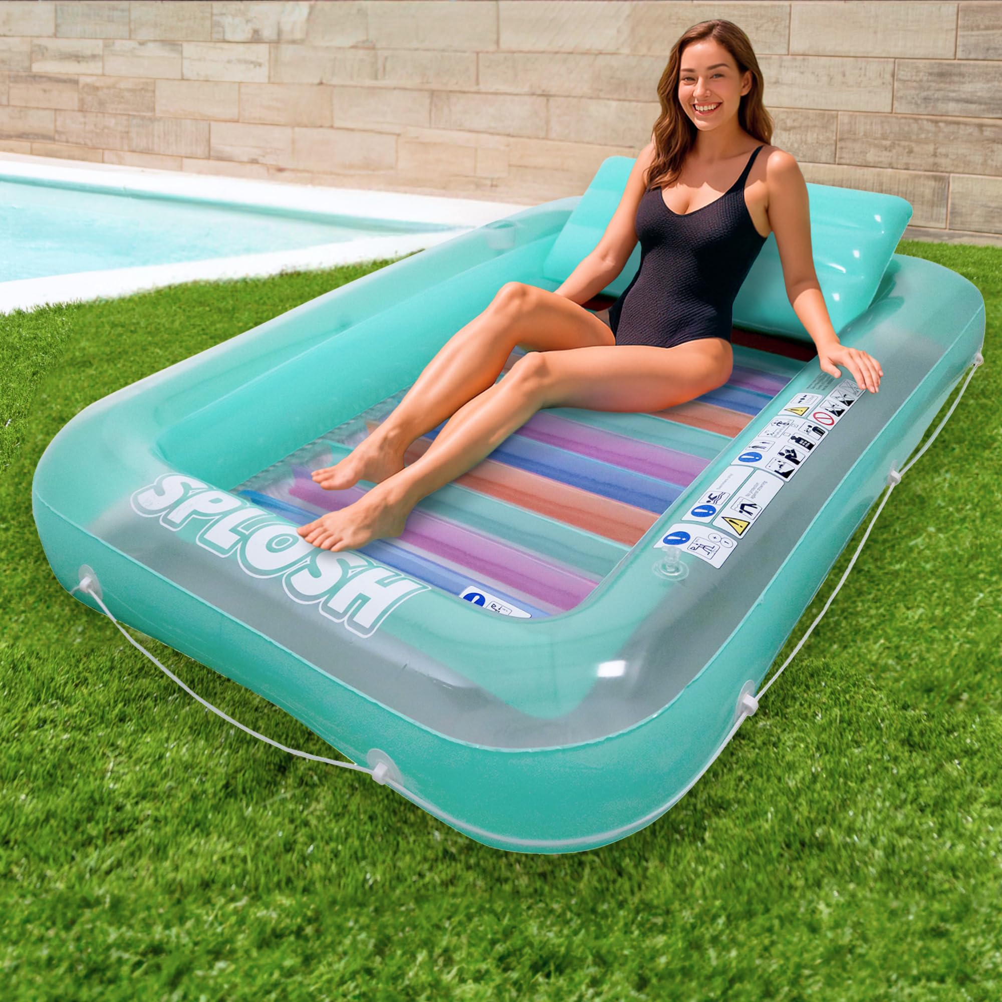 Splosh Inflatable Pool Bed Lounger - Jumbo Lilo With Giant Pillow - Sunbathing Tanning Pool For Adults - Swimming Pool Lounge Float