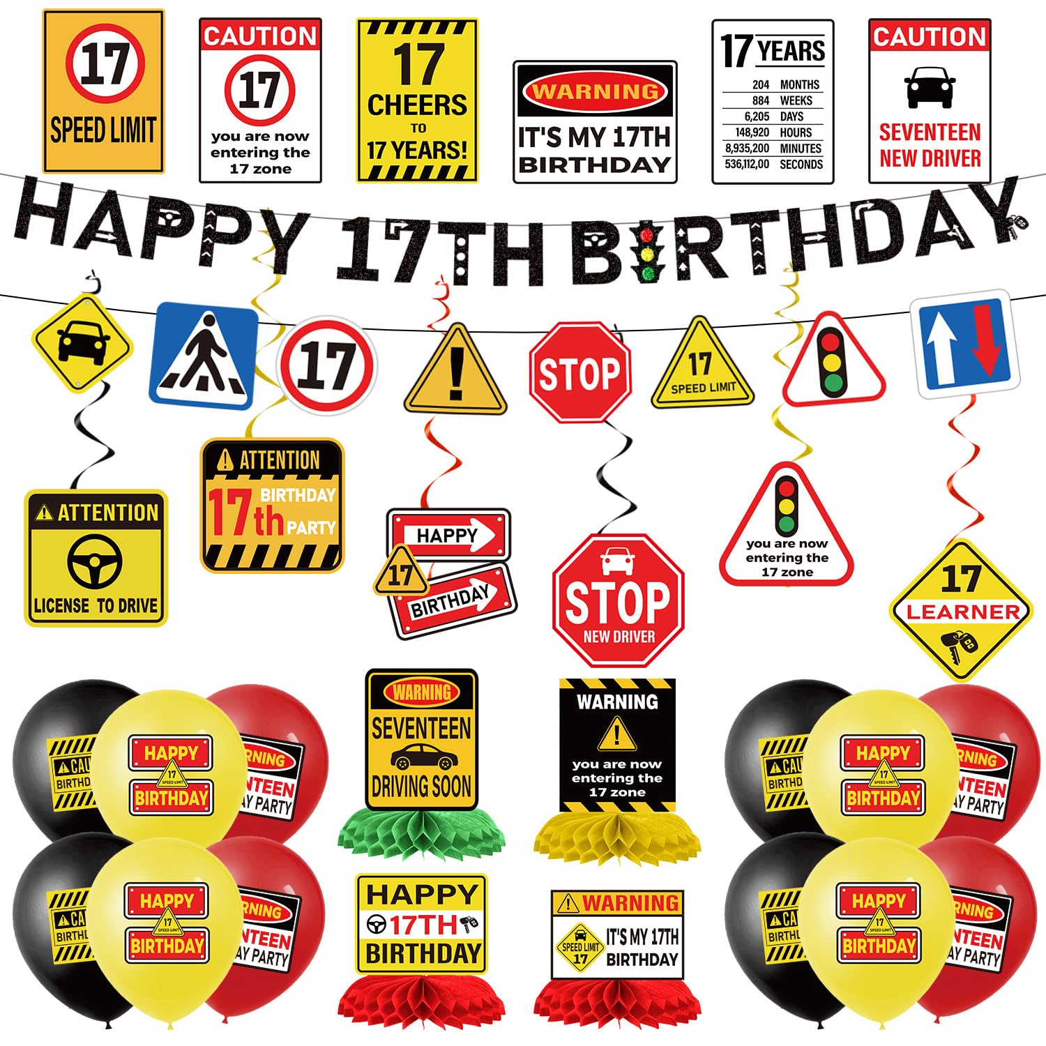 Luvart 17th Learner Driver Birthday Decorations - 18 Pcs Happy 17th Birthday Learner Driver Banner with Hanging Swirls Car Road Signs Honeycomb Centerpiece Party Decoration for Boys 17 Years Old — image 1