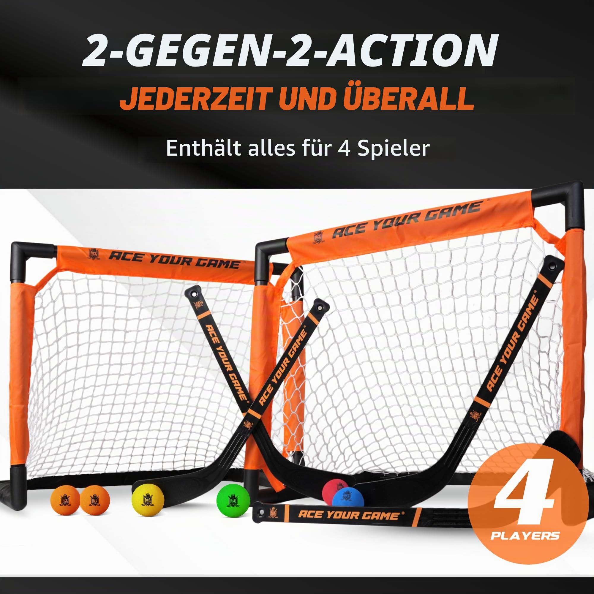 ACE Hockey - Shinny Hockey-Set – Komplettes Set für 4 Spieler drinnen und draußen – Kniehockey-Tor-Set (2) Tore, (2) Mini-Schläger und (6) Schaumstoffbälle – Mini-Hockey-Set