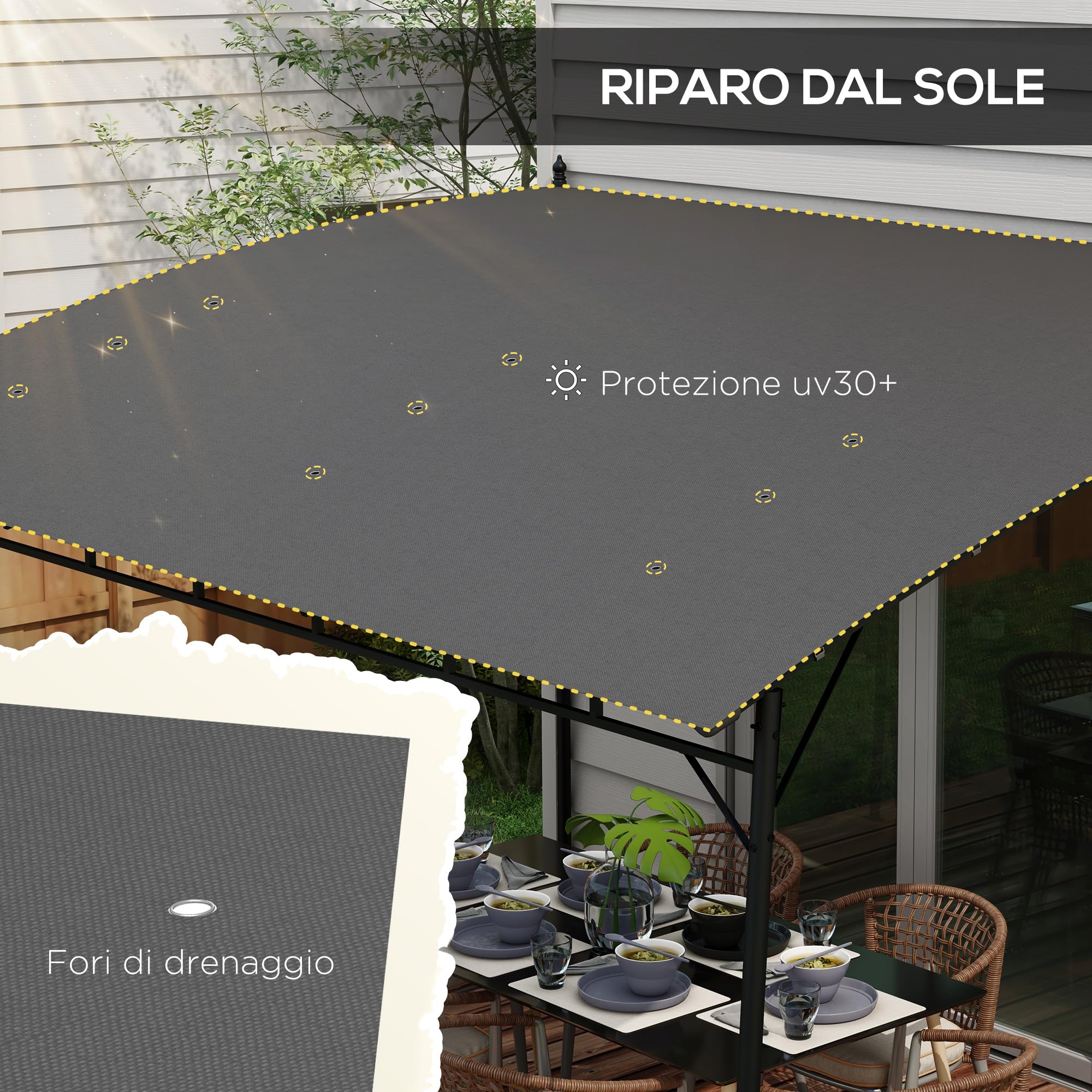 Outsunny Pergola Gazebo Metallica Tettuccio Poliestere 12 Fori Drenaggio 400x296x200/262 cm Grigio Scuro