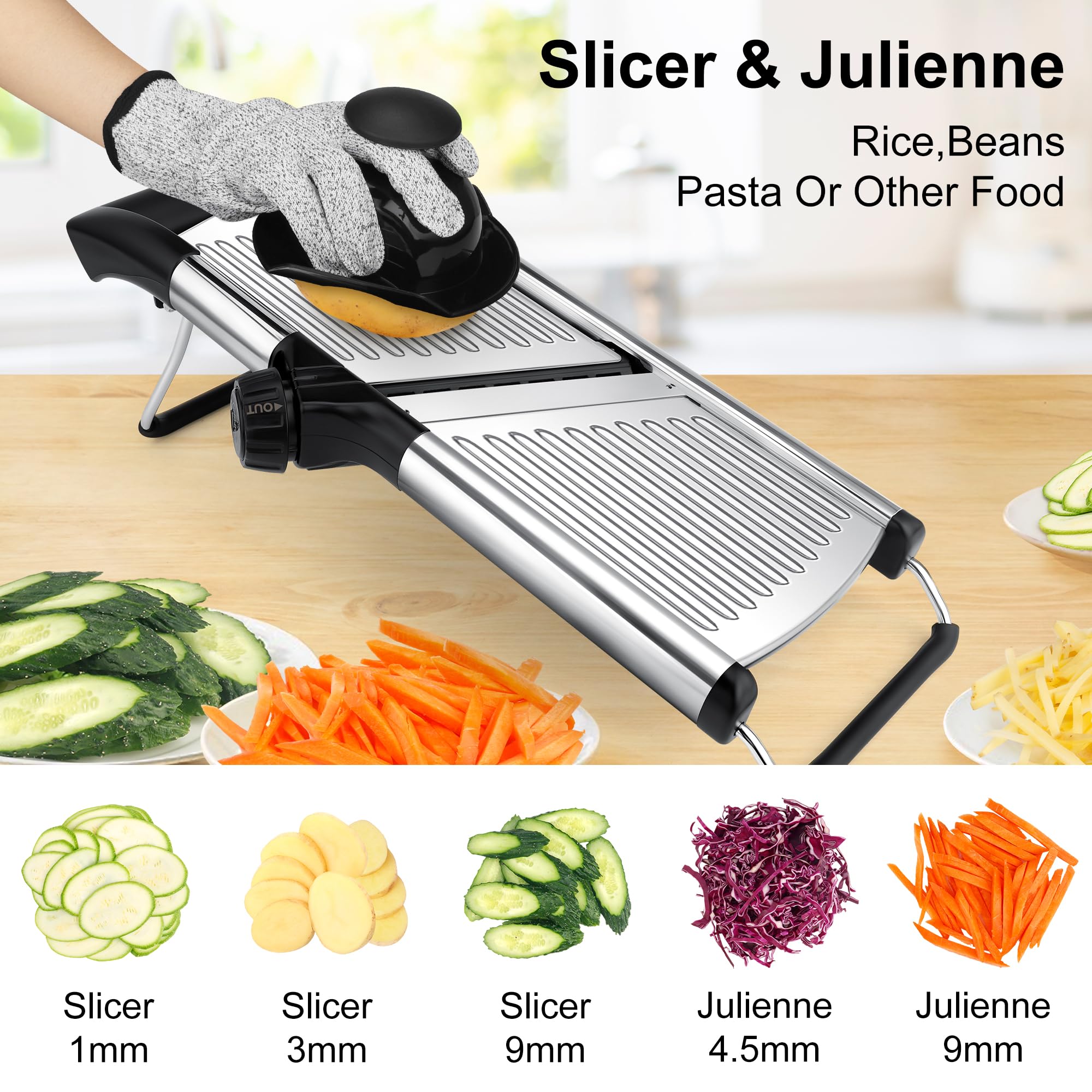 Mandoline Slicer for Kitchen, Adjustable mandoline food slicer, Stainless Steel vegetable slicer with Cut-Resistant Gloves - Image 3