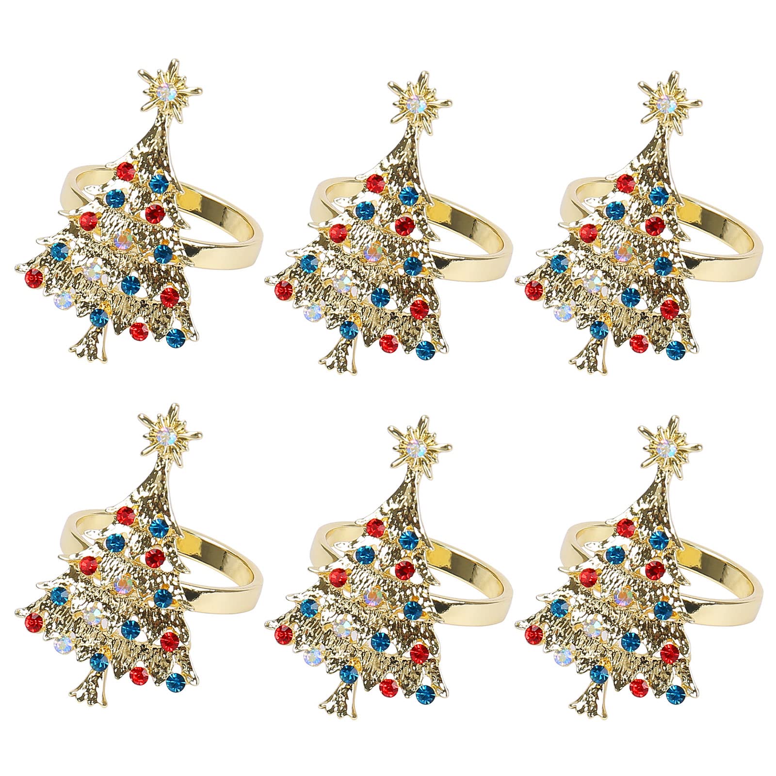 wonlexXmas Napkin Rings Set of 6, Diamond Napkin Ring for Wedding, Thanksgiving Day, Family Gatherings, Birthday and Dinner Party (Gold Christmas Tree)