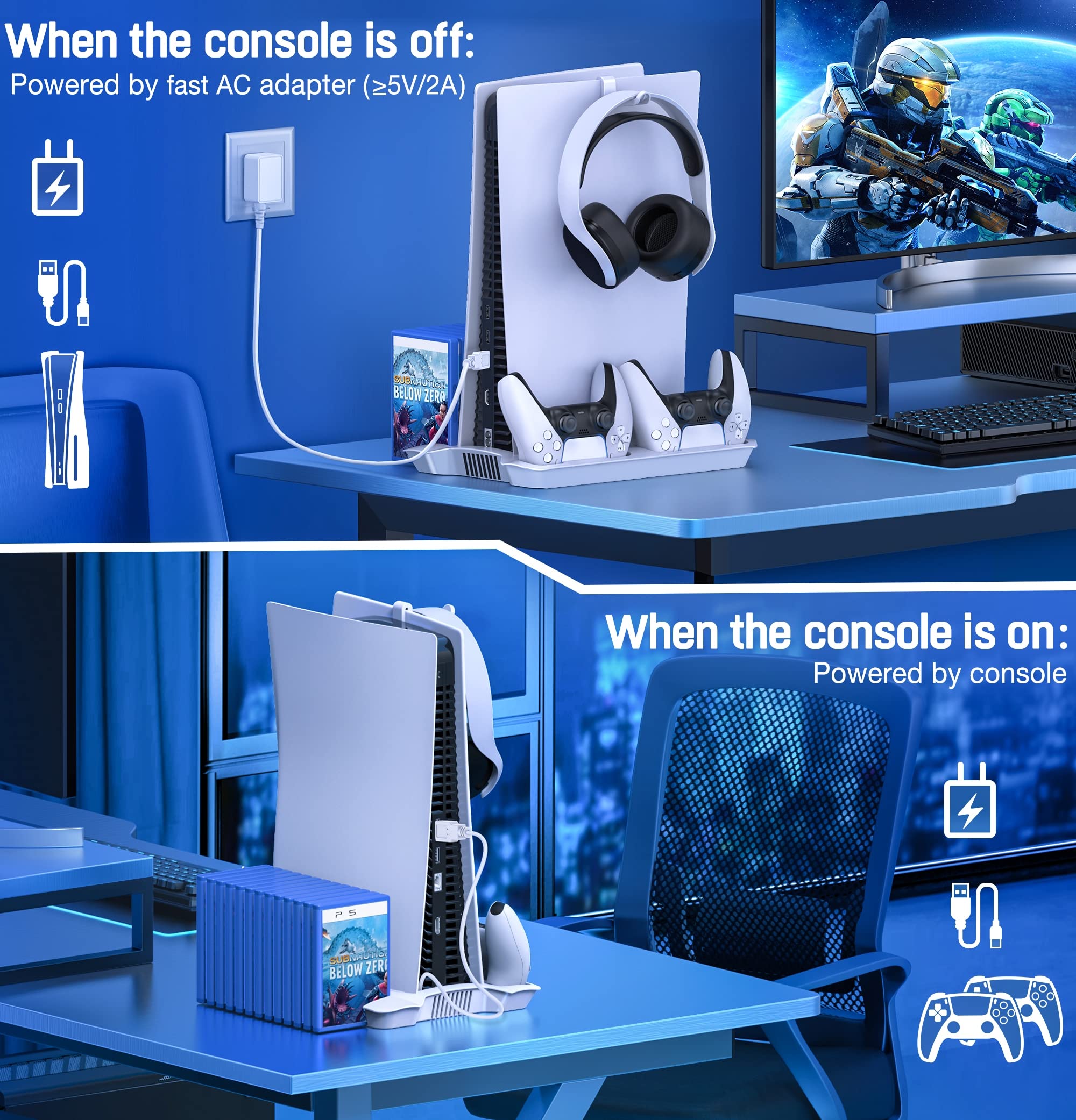 DinoFire Support PS5 avec Ventilateur PS5, Support PS5 pour Disque PS5/édition numérique, Rangement de 13 Jeux/Station de Charge pour Manette PS5/télécommande PS5/3 hub USB, Accessoires PS5 pour