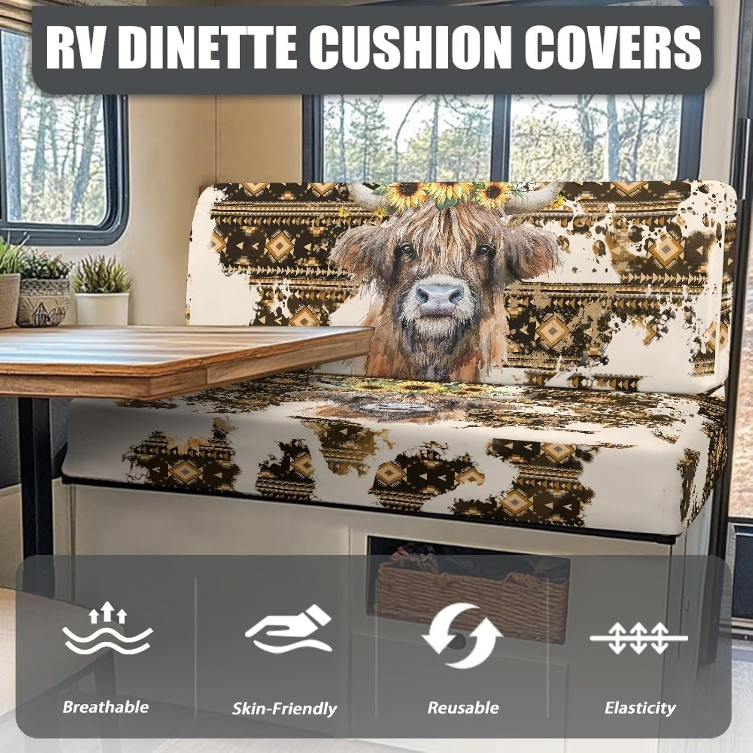 Rv Couch Covers Set of 2 Navajo Cow Travel Trailer Must Haves Breathable Slip Covers for Rv Furniture with Elastic Band Perfect for Home with Kids and Pets