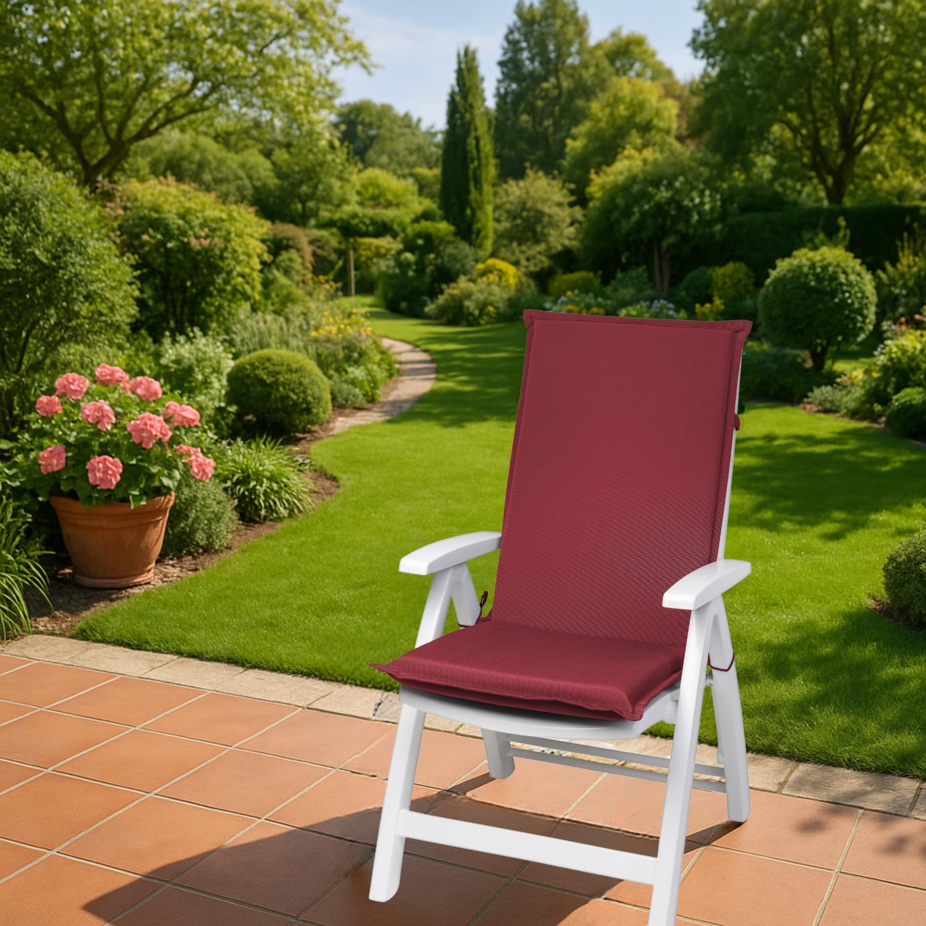 sleepling 193927 Lot de 2 Coussins d'extérieur pour Fauteuil à Dossier | Chaise de Jardin | Chaise de terrasse | Fabriqué en UE | Bande de réglage | Housse Amovible et Lavable, 120 x 50 x 6 cm, Rouge