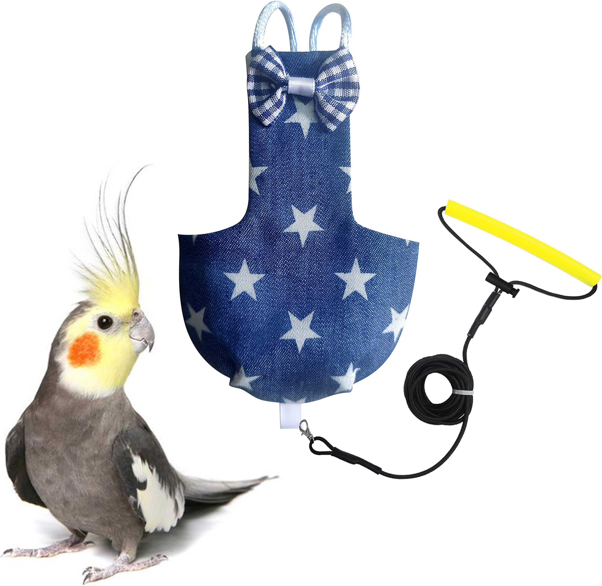 VANFAVORI Bird Diaper Harness Flight Suit Clothes with 80 Inch Flying Leash Rope for Parrots Conure Cockatiel Pet Birds Weight 75-99 Grams, Denim Star, Including A Cotton Pad