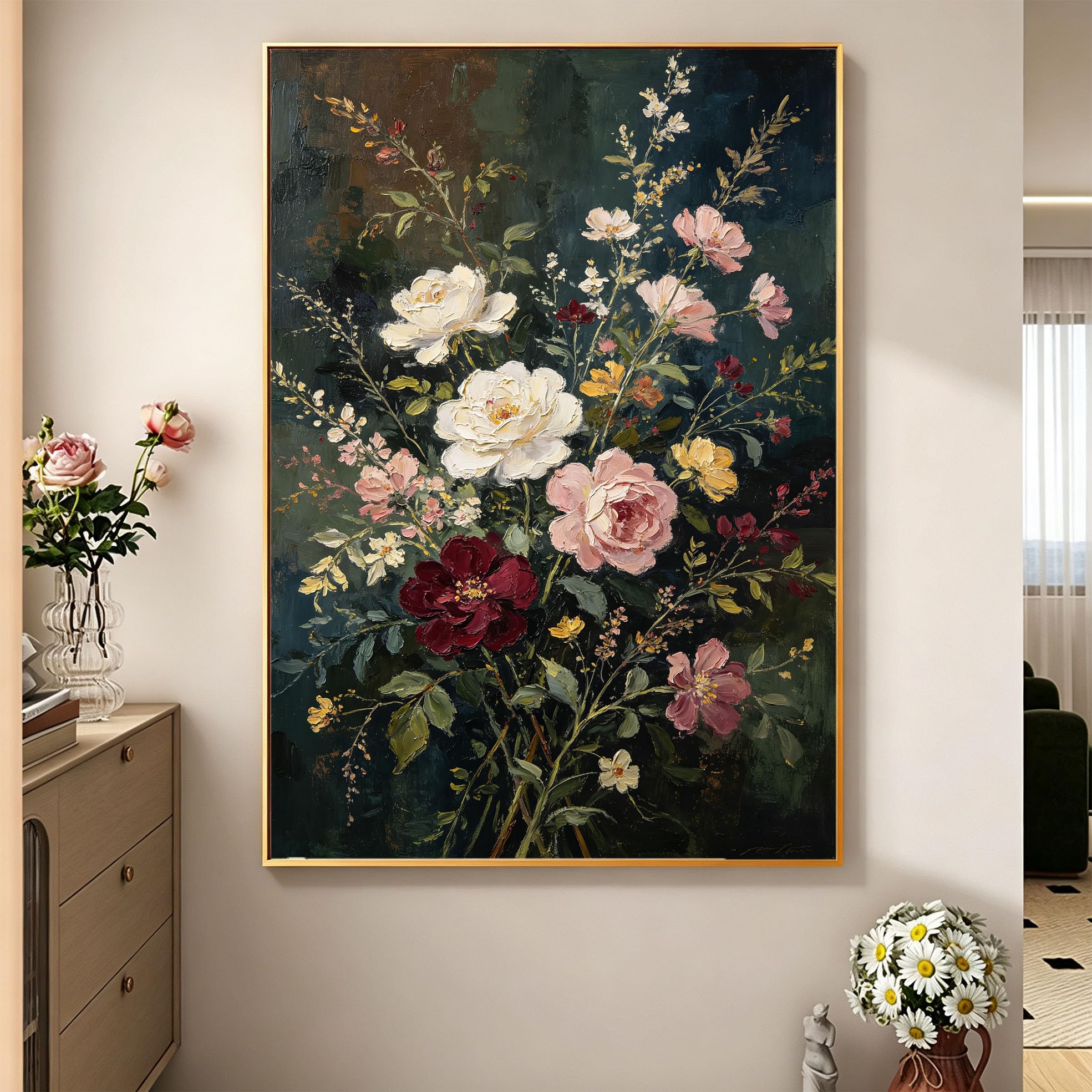 Modernes, 100% Handgemaltes Ölgemälde Mit Dunklen Blumen Auf Leinwand, Rahmenloses Abstraktes Blumenmotiv Für Wohnzimmer Und Heimdekoration, 120 X 200 Cm (47,2 X 78,7 Zoll)