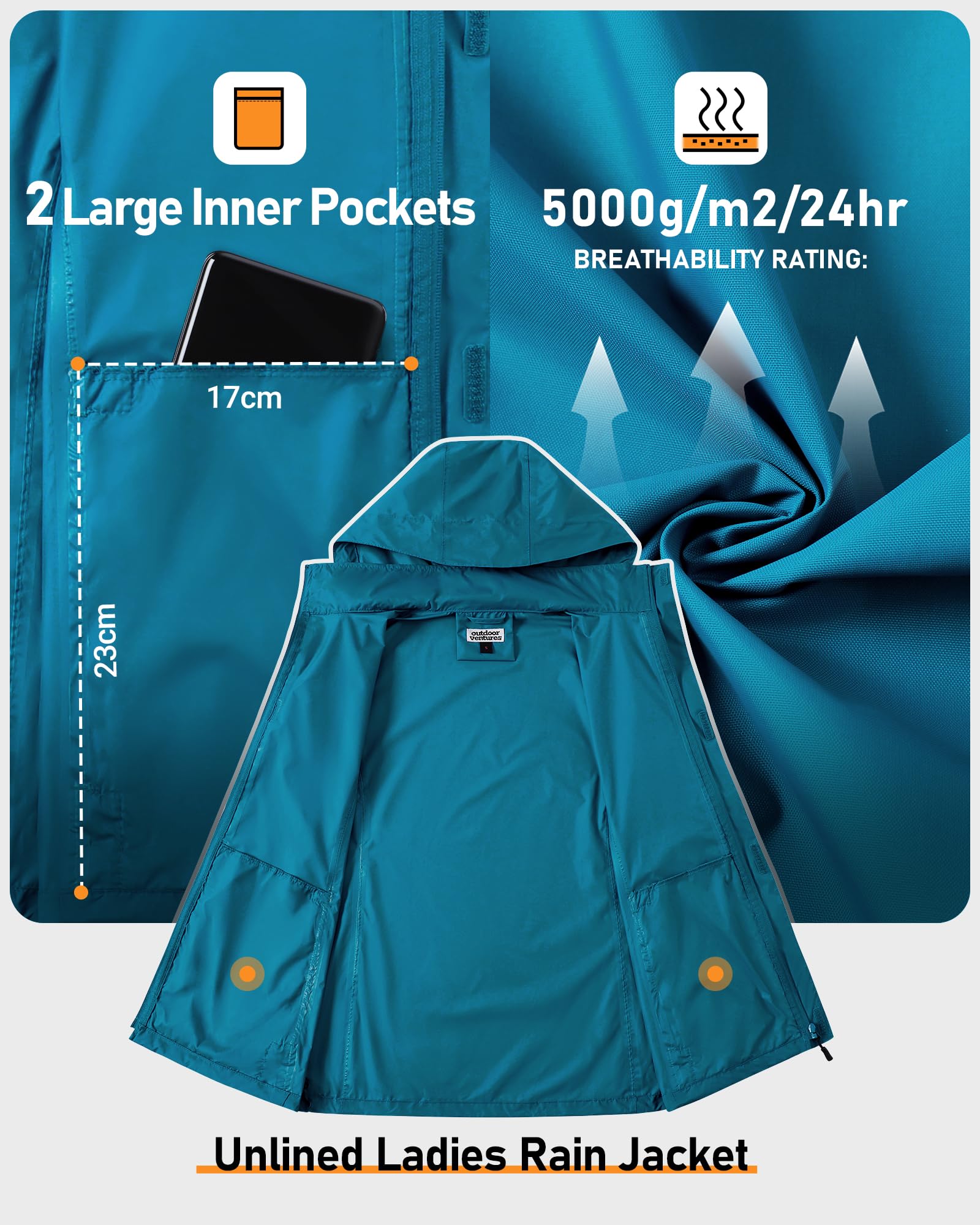 Outdoor Ventures Regenjacke Damen Wasserdicht Windbreaker Leicht Übergangsjacke mit Kapuze Packbar Fahrradjacke Outdoorjacke