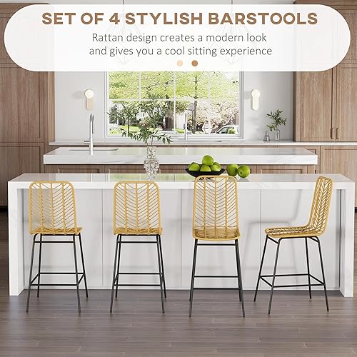 Miniatura 4 de HOMCOM Juego de 4 taburetes de bar de ratán, taburetes de bar de altura de mostrador de 26 pulgadas, taburetes de isla de cocina boho con asiento y