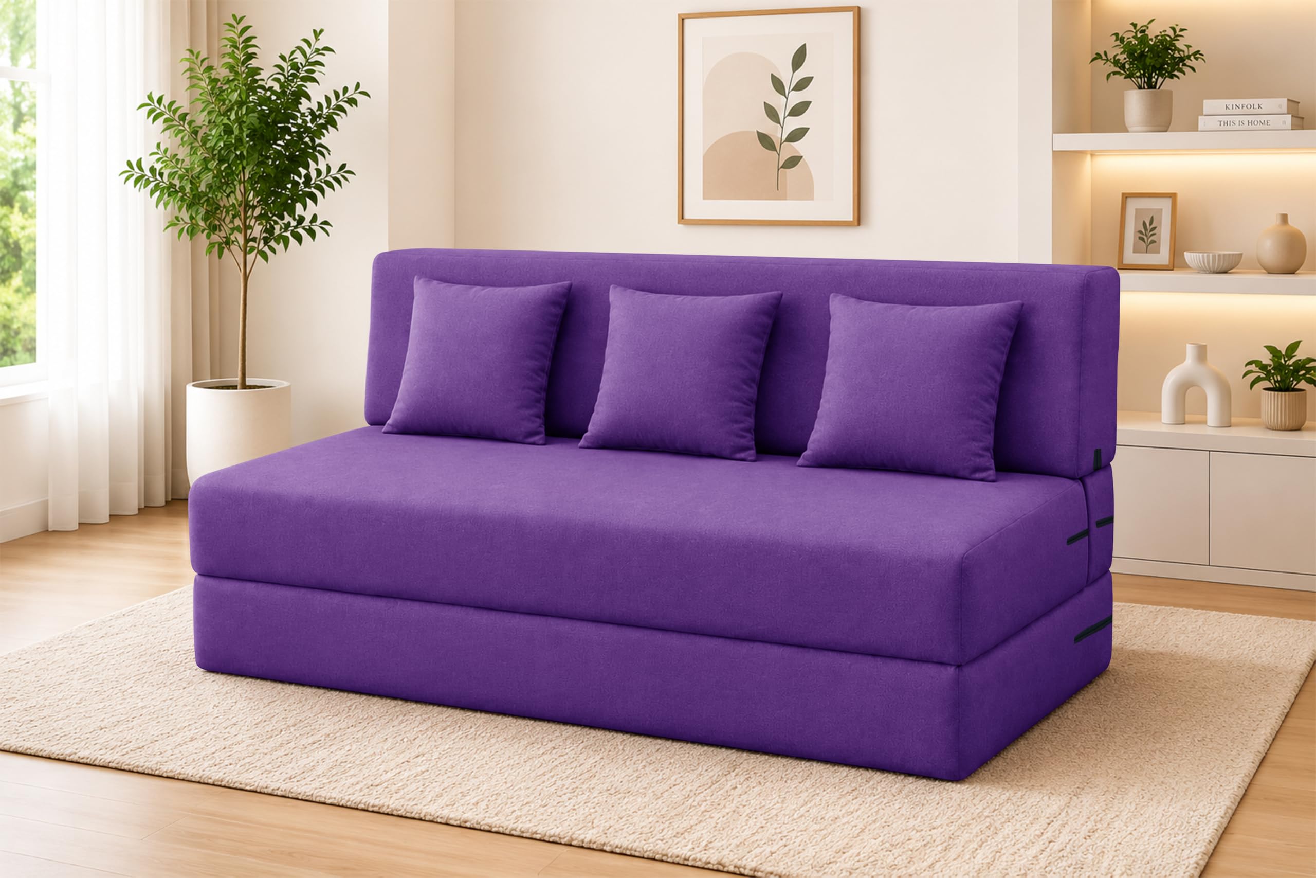 Los Angeles Foldable Three Seater Sofa Cum Bed, Sofa Bed 5 X 6 Feet Jute Fabric Washable Cover- Including Cushion Perfect for Living Room & Office,Guest Room - Purple Color