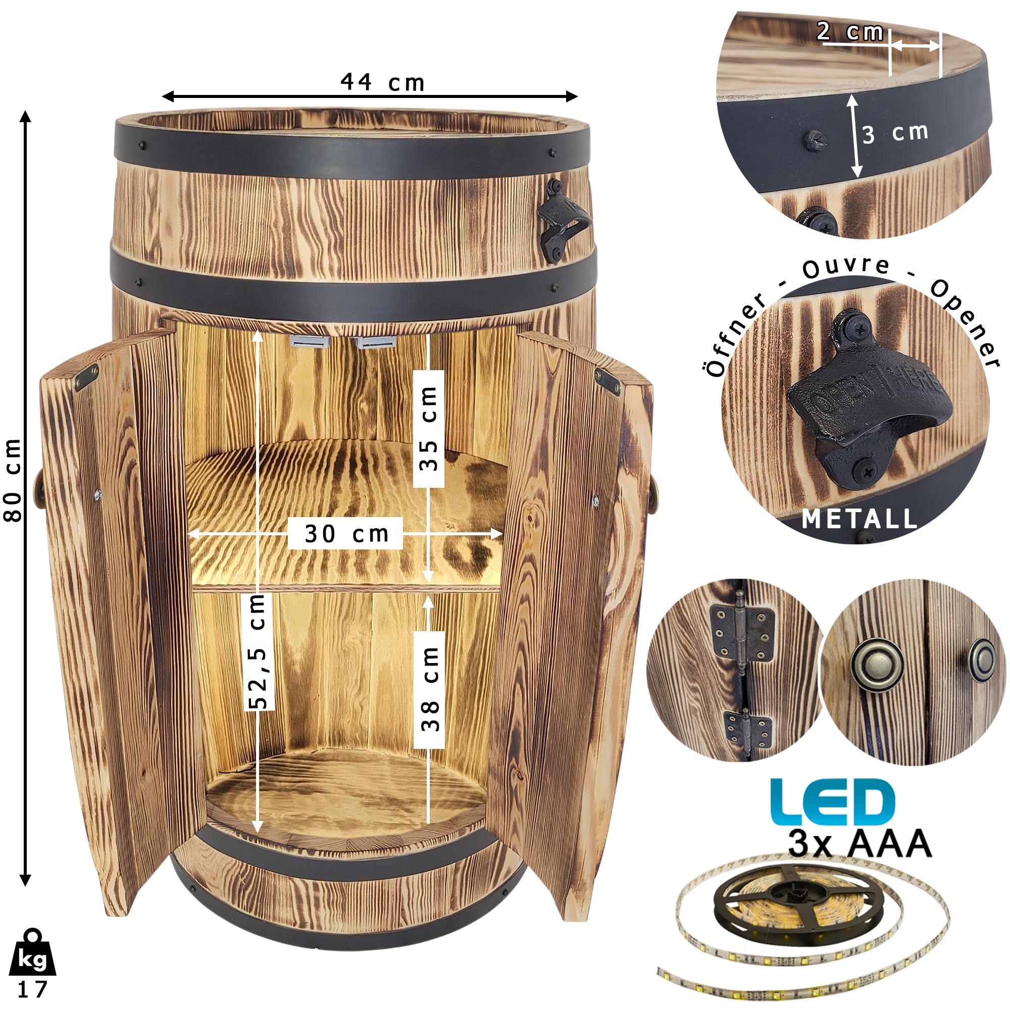 weeco Casa bar in botte di legno con illuminazione a LED e porte, 2 ripiani per bottiglie, stile rustico, mobili da bar 80 x 50 cm