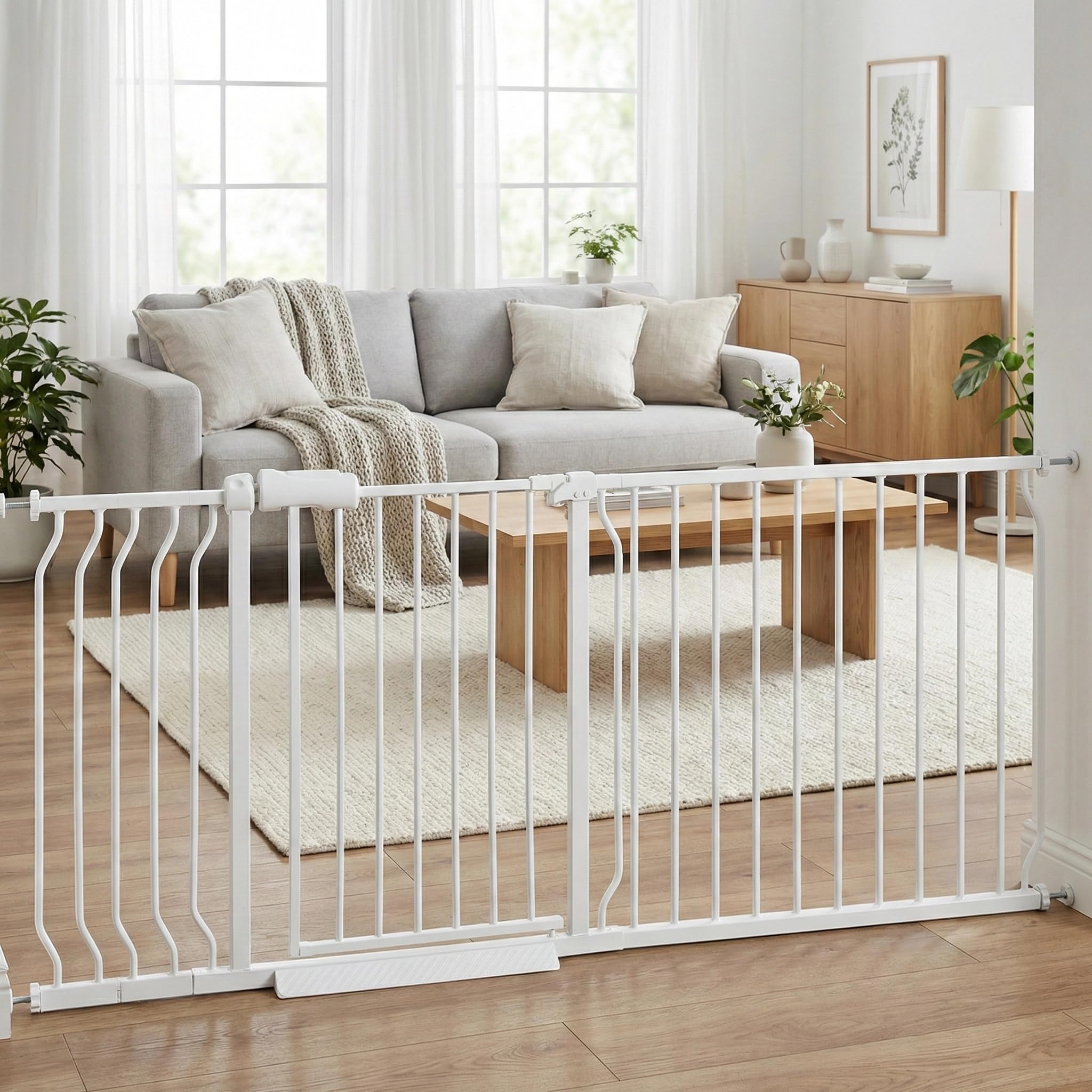 Extra Wide Baby Gate 67-71.5" Dog Gate for Doorways, Pressure Mounted No Drill Safety Gate for Kitchen, Hallways, White Metal Pet Gate for Dogs