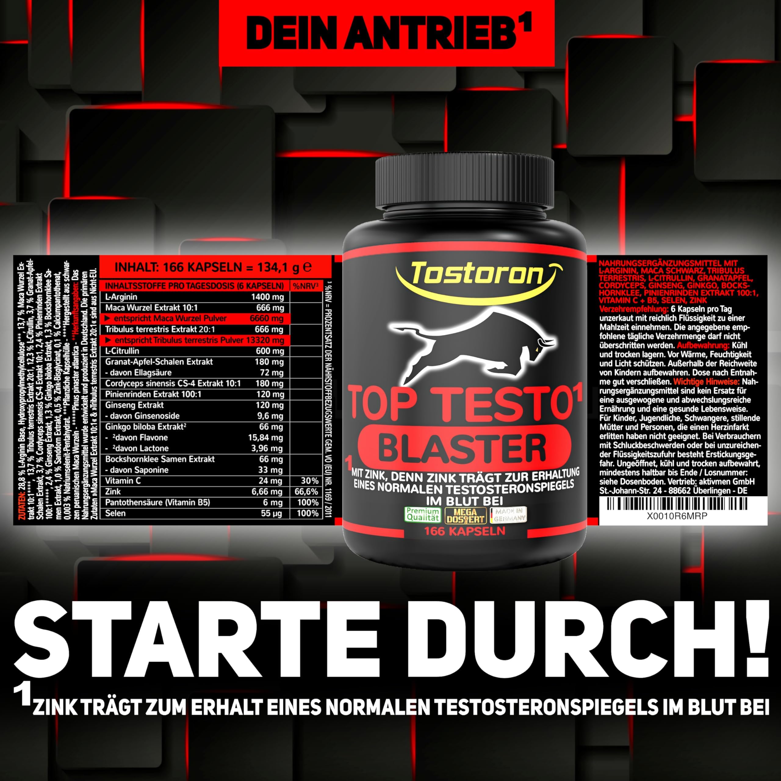TOP TESTO¹ BLASTER hochdosiert ¹Zink trägt zum Erhalt eines normalen TESTOSTERONSPIEGELS bei - 166 Kapseln TRIBULUS, MACA SCHWARZ, Arginin, Citrullin, Cordyceps, mit 14 MEGA Zutaten, 1 Dose (1x134,1g)