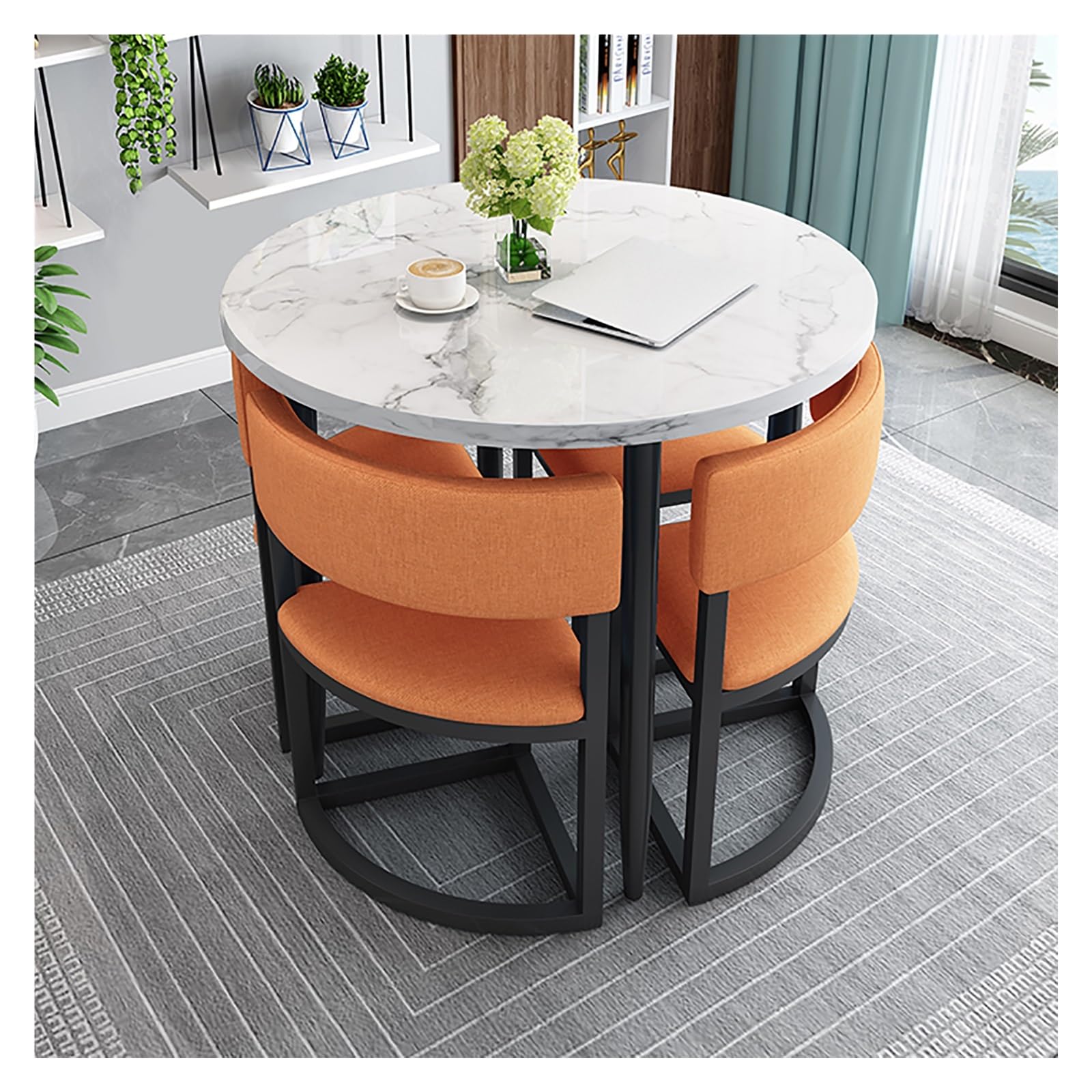 Moderno tavolo da pranzo rotondo con 4 sedie impilabili – Salvaspazio, mobili da esterno per cucina, balcone, soggiorno, caffetteria, ufficio, elegante e funzionale
