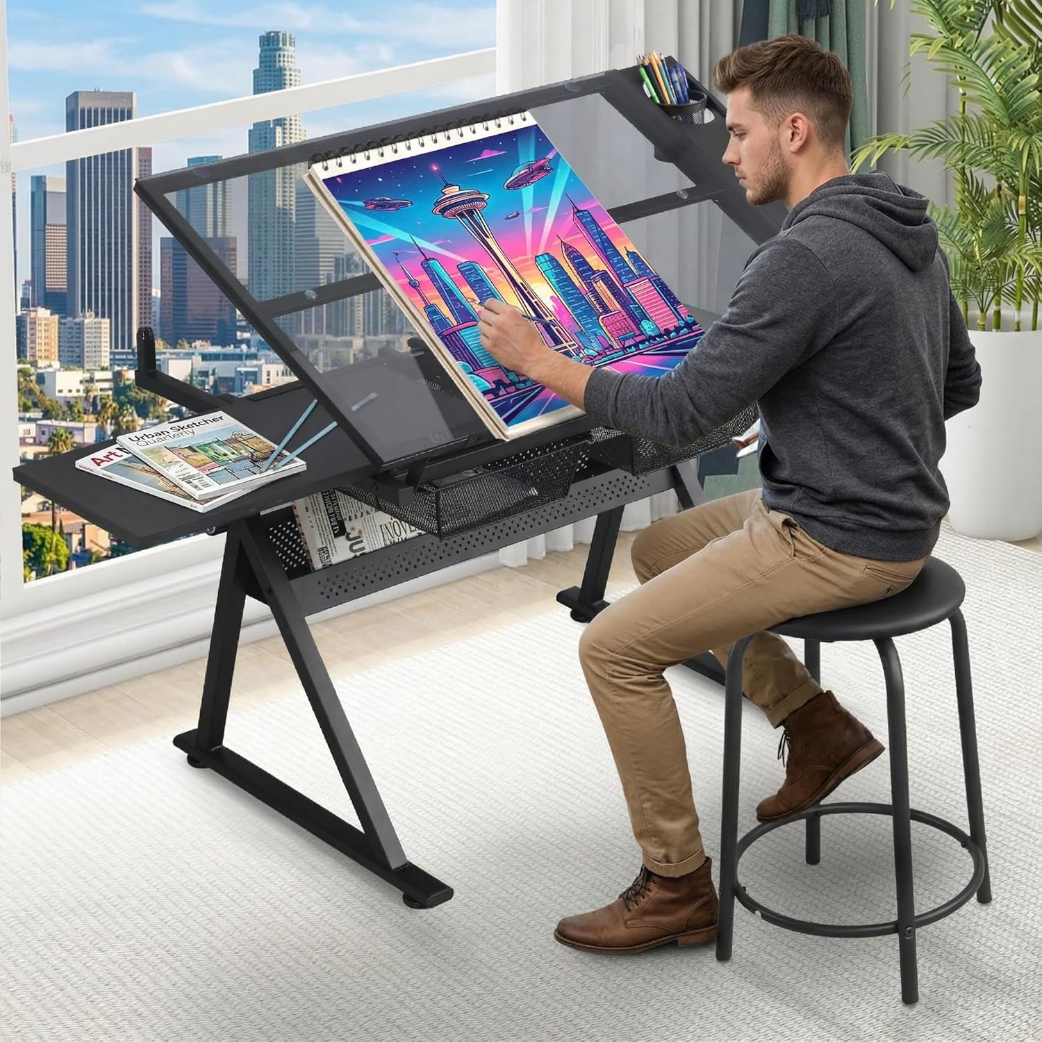 Art Table Art Desk Drafting Table - Height Adjustable Glass Drawing Table with Metal Drawers & Stool, Professional Artist Workstation for Painting, Sketching & Office Home Studio(White)