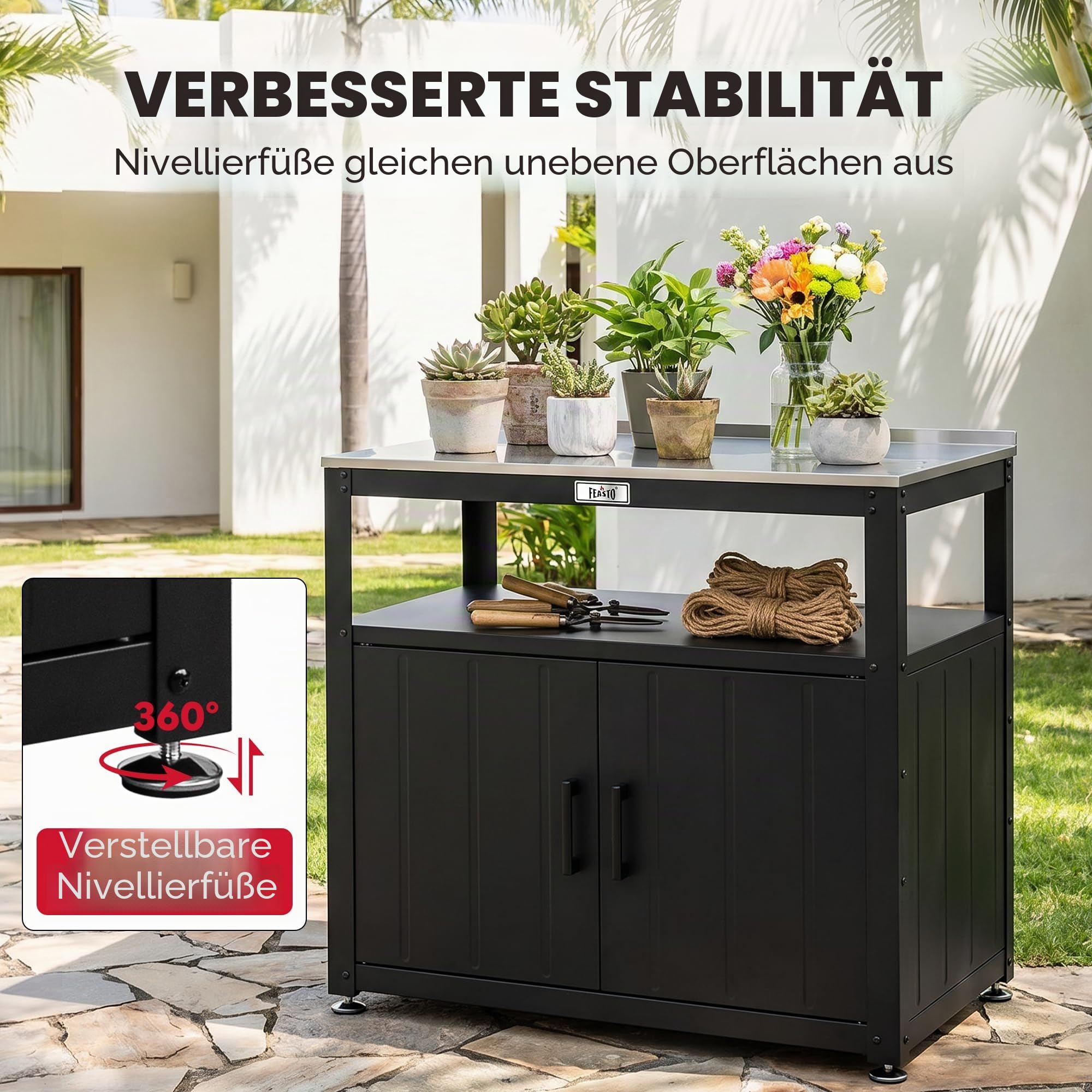 Feasto Gartenpflanzbank für Terrasse mit Aufbewahrungsschrank, Schwarz