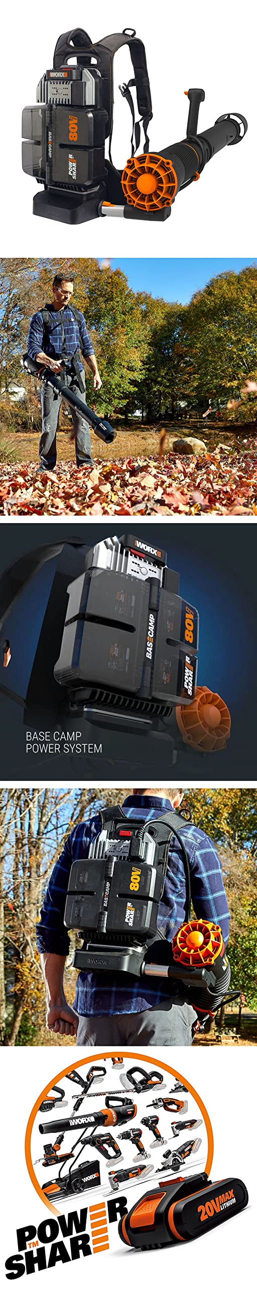 WORX WG572E Nitro Power Share to Bezszczotkowa Dmuchawa Plecakowa Zasilana przez 4 Akumulatory 20 V 4 Ah Power Share Zapewniające 80 V Mocy i Wydajności