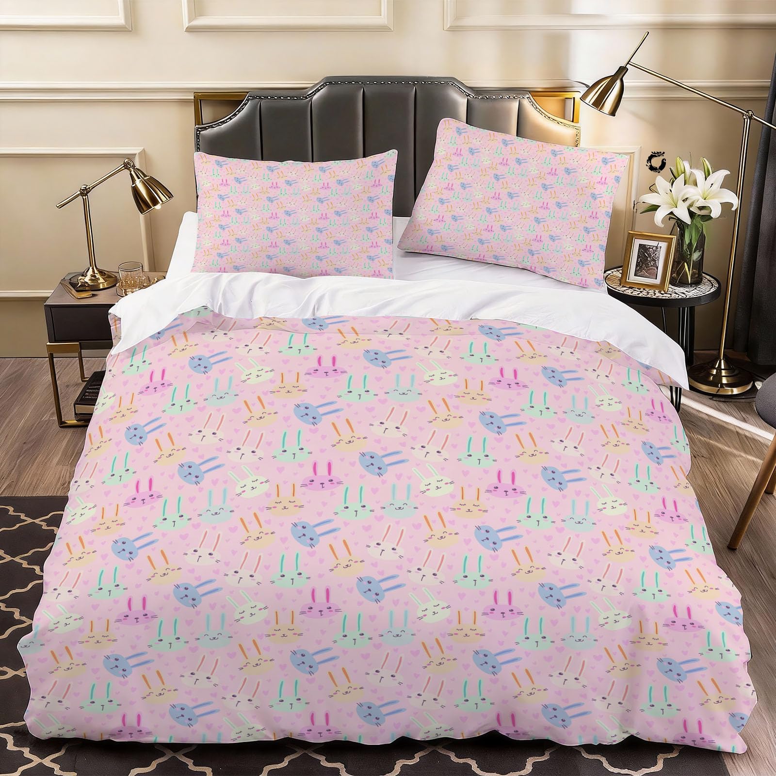 3D Bunny Duvet Cover Cute Bedding Double Bed Set, Soft Microfiber Comforter Cover Printed with Zipper Closure Quilt Coverr 200x200 cm and 2 Pillowcases