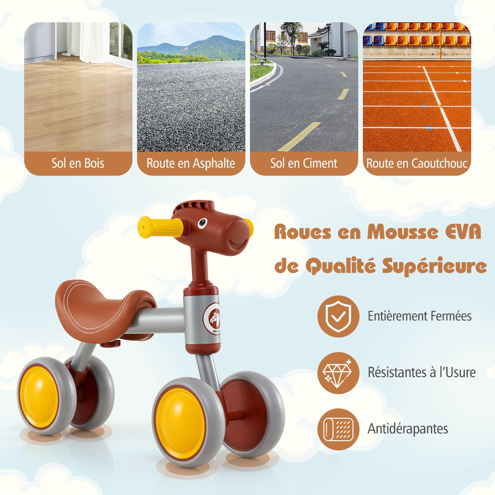 COSTWAY Draisienne Bébé Légère en Forme Tête de Cheval avec Siège & Guidon, Vélo Bébé sans Pédales de 18-36 Mois avec 4 Roues en EVA, Charge 25kg, Vélo d'Équilibre pour Garçons et Filles