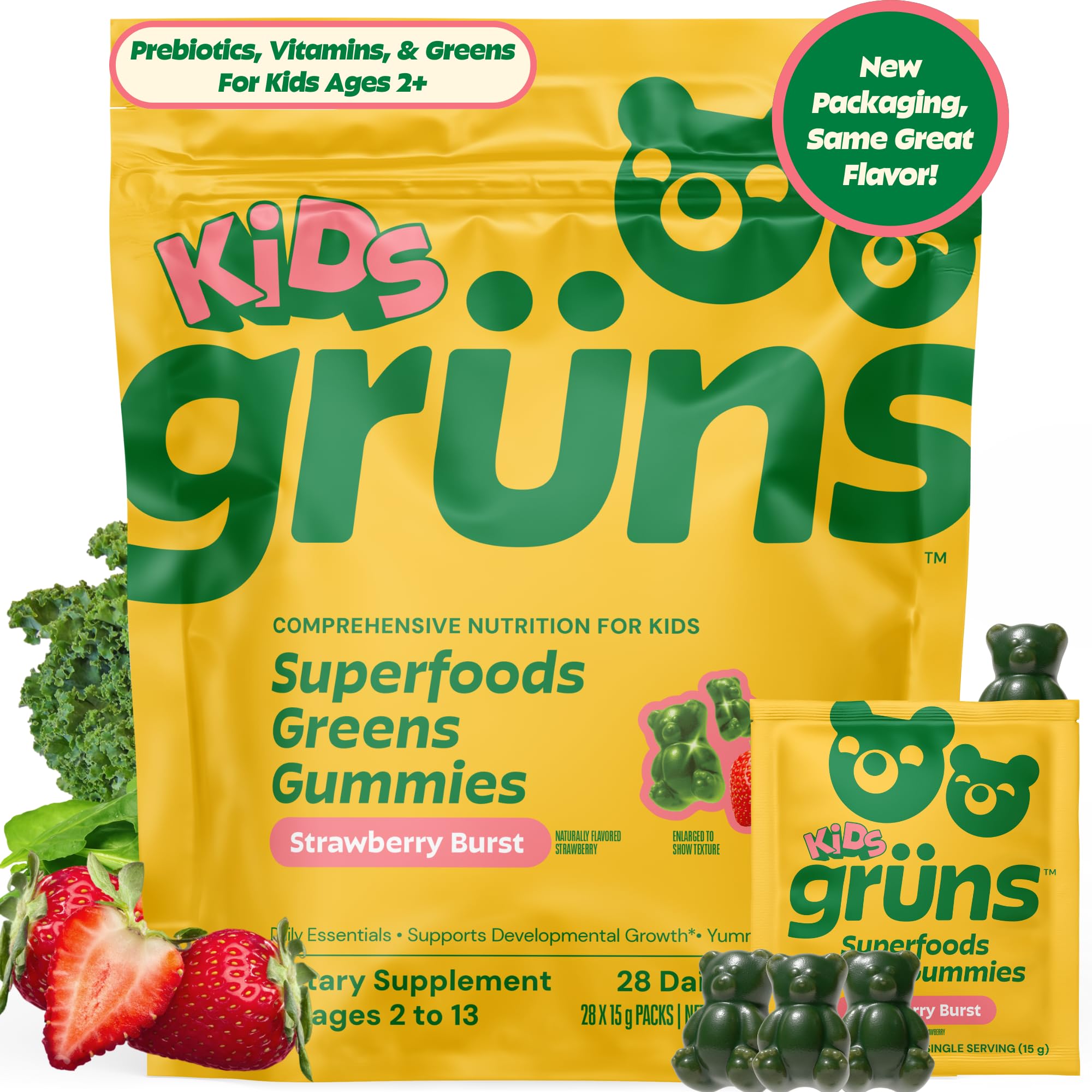 - Gruns Multivitamin for Kids, Super Greens Gummies, Superfood Gummy Bears with 20+ Vitamins & Minerals, Spirulina, Chlorella, Alfalfa, Prebiotics Fiber for Digestive Health, Adaptogens Supplement, 28ct