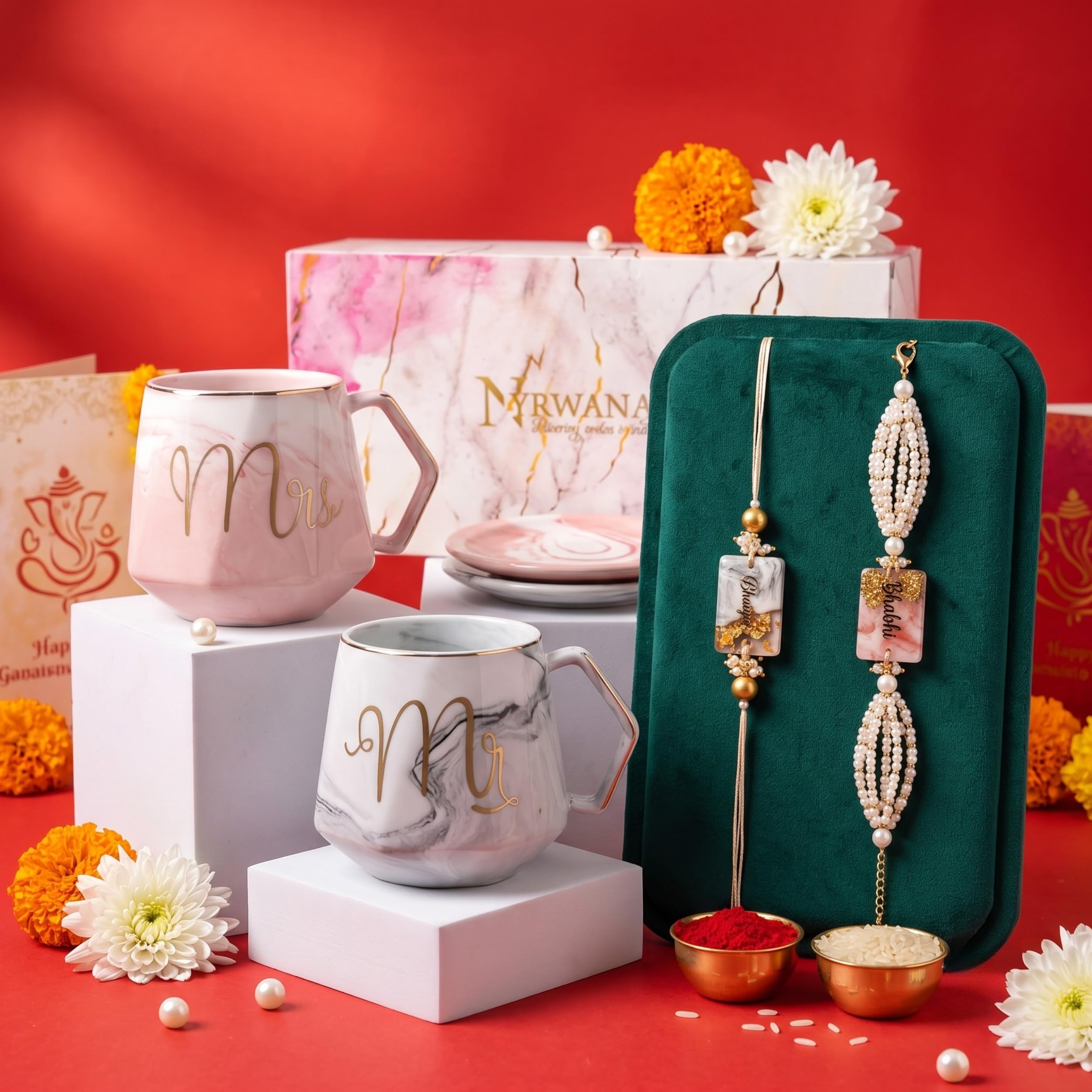 NYRWANA Coffee Mug, Mugs for Present, Wedding Present for Couples, Couple Gift, Rakhi for Brother and Bhabhi with Gift, Mr and Mrs Mugs with Free Costers, Rakhi with Tilak and chawal (250ml-Ceramic)-image-1