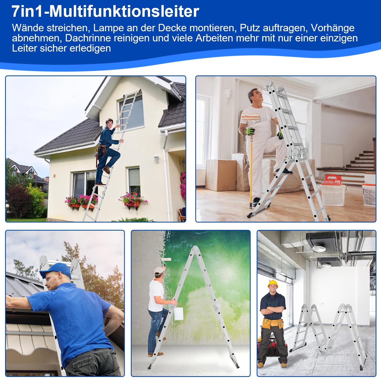 Randaco Escalera multiusos 4 x 5 cm, 582 cm, 7 en 1, de aluminio, multiusos, plegable, para el hogar, trabajo, plataforma de trabajo