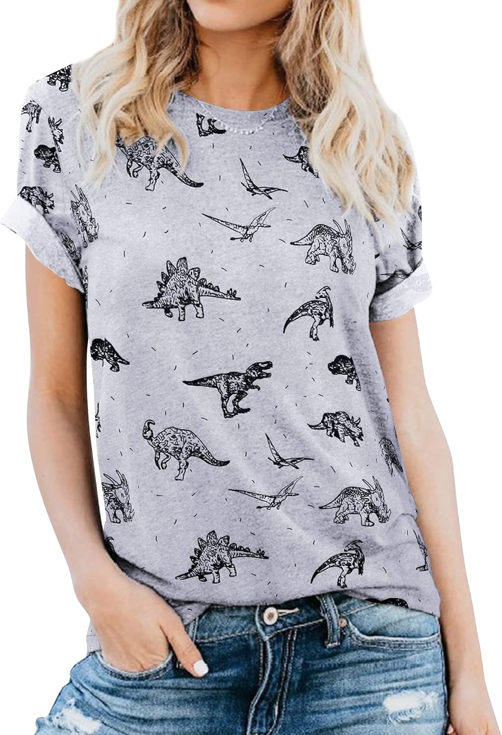 RMCMS Women Cute Dinosaur Graphic Prime Tees Ladies Bestie Fun Shirt Blouse Tops