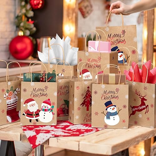 Miniatura 6 de MOORAY Paquete de 24 bolsas de regalo de Navidad con asas, bolsas de papel kraft de Navidad con papel de seda, 7 x 3.15 x 8.7 pulgadas, bolsas de