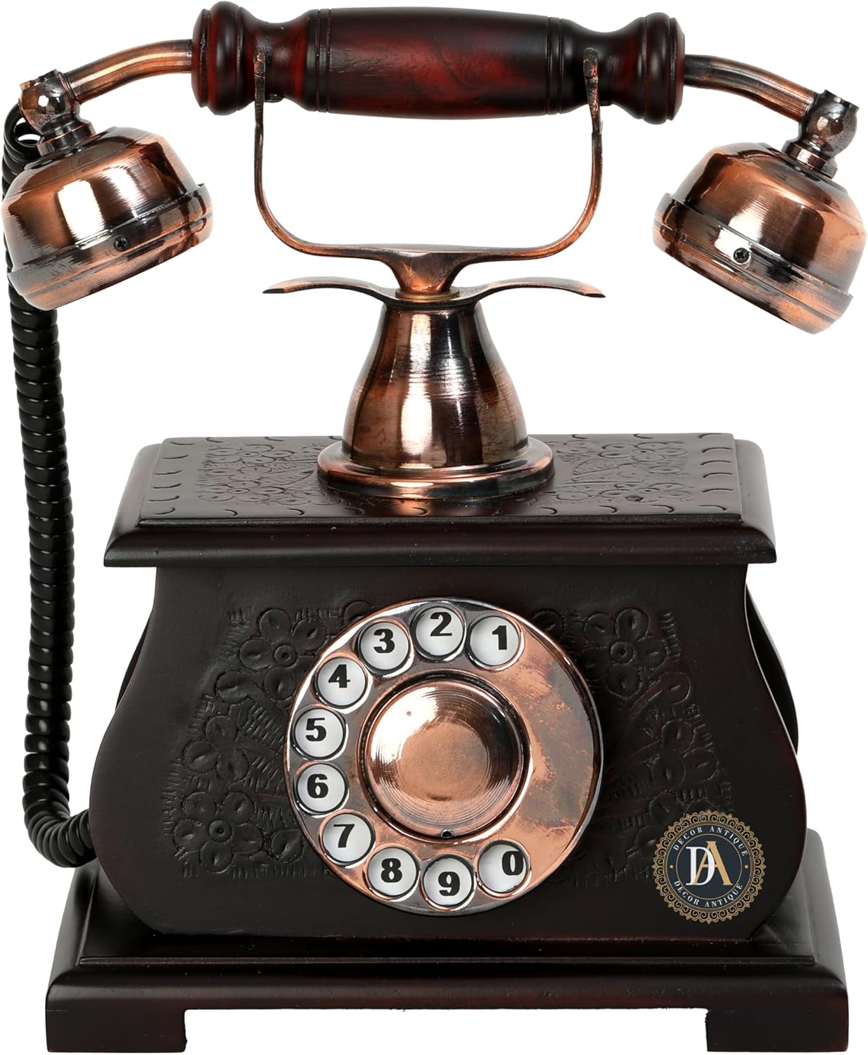 Vintage Wooden Carving Work on an Antique Classic Non-Working Telephone and a Vintage Wooden Base Non-Working Telephone Decor Gift