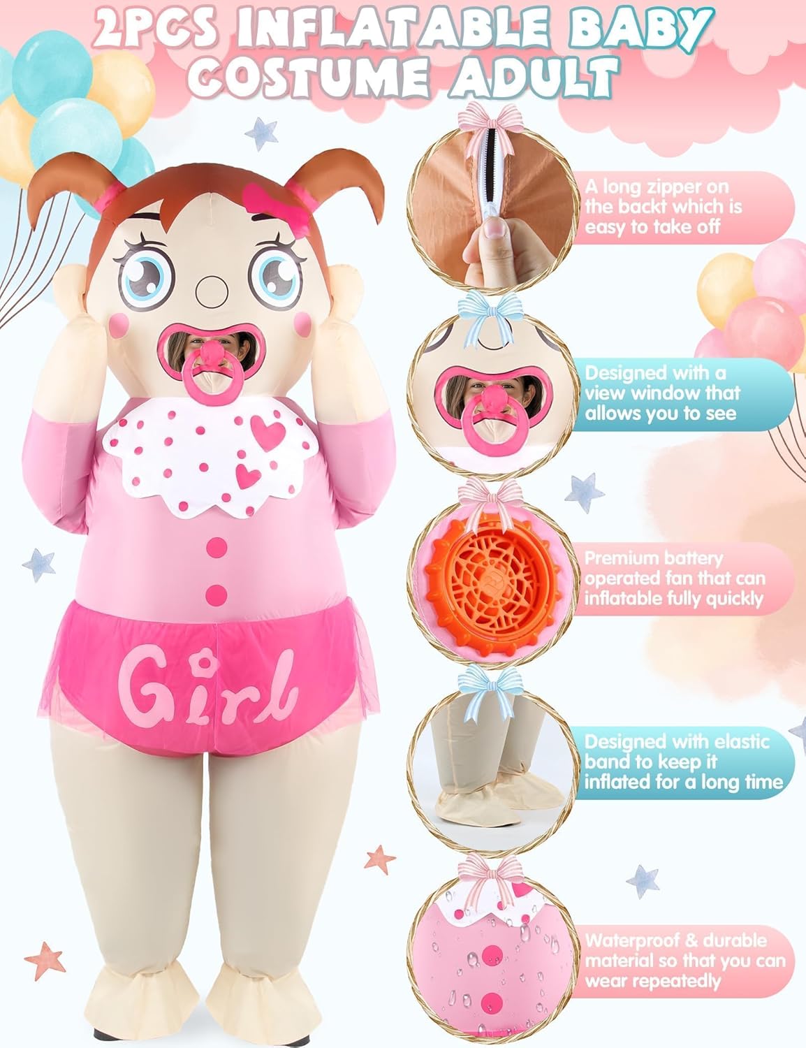 2 Pcs Inflatable Baby Costume for Adults Funny Blow Up Gender Reveal Baby Shower Costumes Boy Girl Party Outfit Giant Blue Pink Cosplay Blowup Babies Suit Halloween