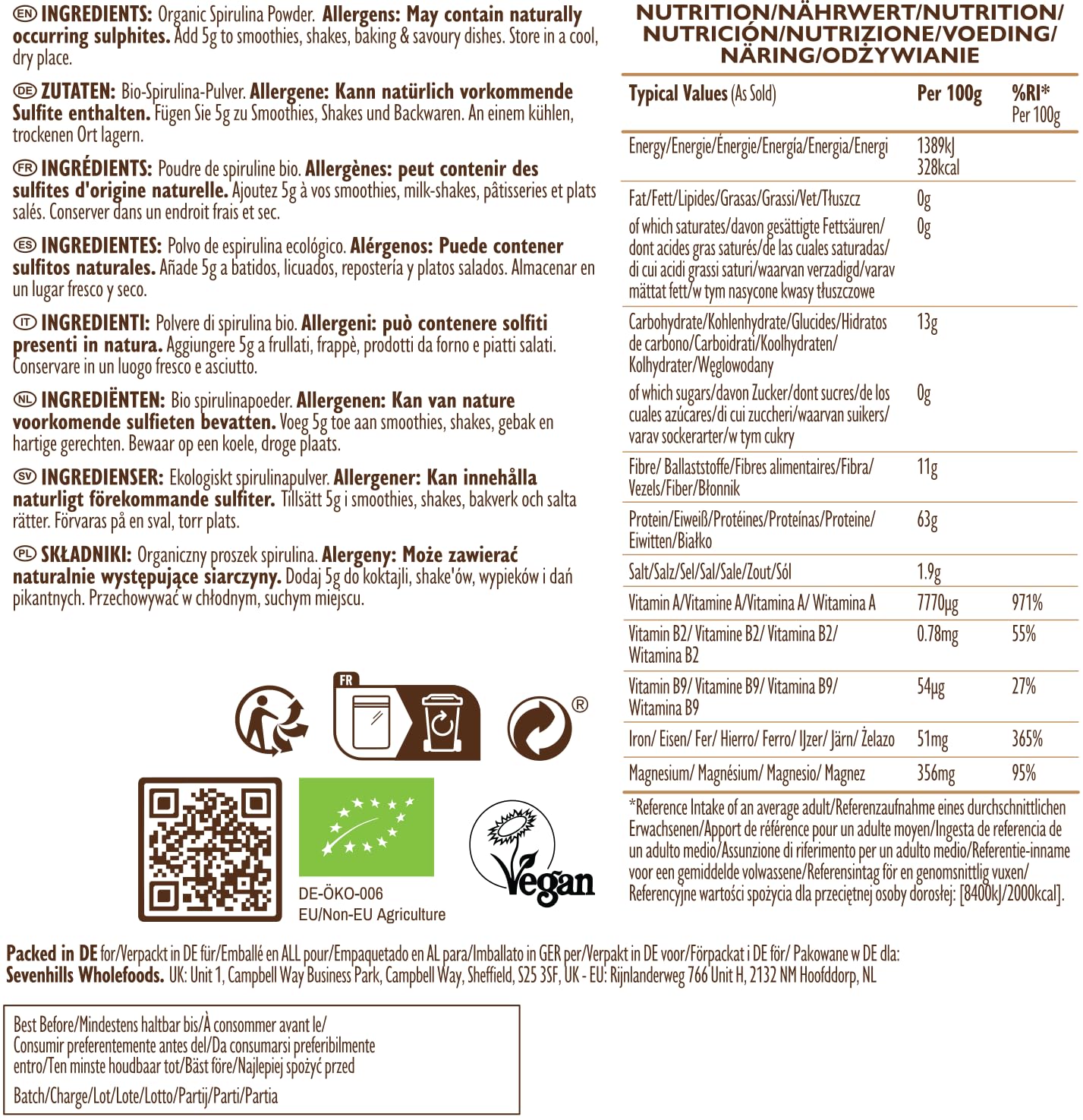 Sevenhills Wholefoods Polvere Di Spirulina Bio 500g | Ricca di nutrienti | 100% pura e naturale | Senza allergeni