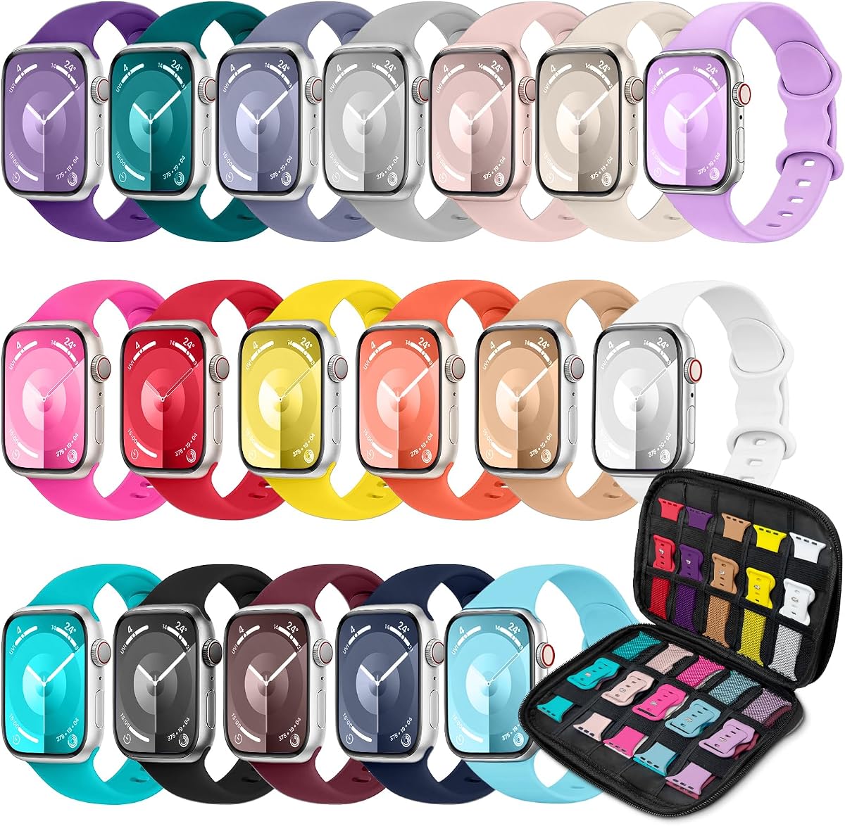 18Pack Sport Band & Organizer Compatible with Apple Watch Bands Women Men | Soft Wristband 40mm 38mm 41mm 44mm 45mm 46mm 42mm 49mm,Silicone Strap for iWatch Series 11/10/9/8/7/6/5/4/3/2/1/SE/Ultra
