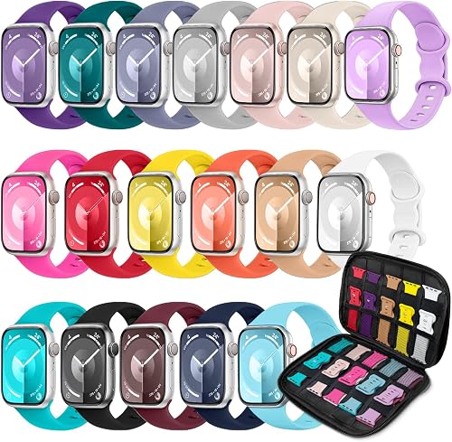 18 Pack Sport Band Compatible with Apple Watch Bands 40mm 41mm 38mm 46mm 45mm 44mm 42mm 49mm for Women Men, Soft Silicone iWatch band with Watch Band Storage Case for iWatch Ultra Series10 9 8 7 6 5 4
