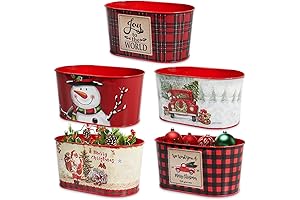 Set of 5 Galvanized Metal Christmas Buckets with Lids for Holiday Decor