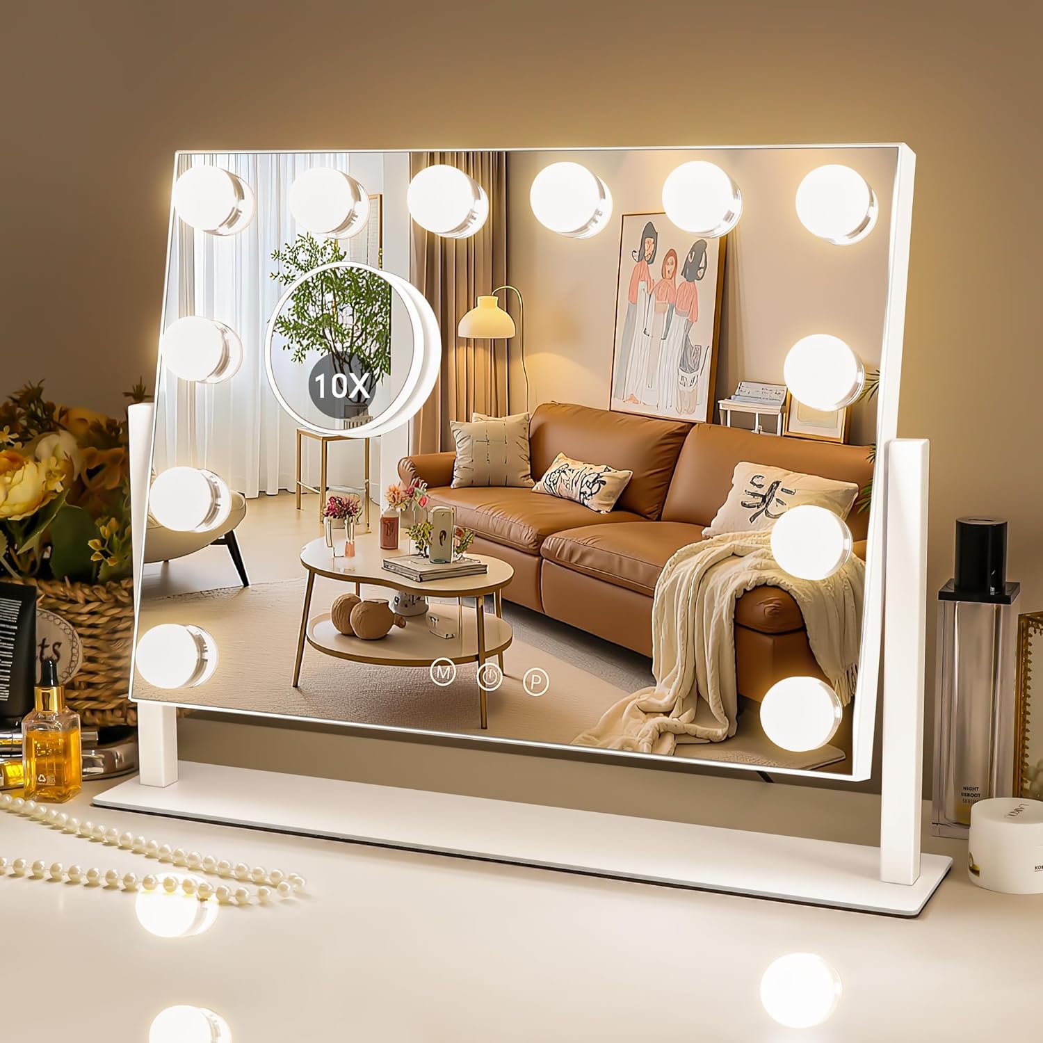 Kottova Vanity Mirror with Lights,15.7"x11.8"LED Makeup Mirror, Lighted Makeup Mirror with 10X Spot Mirror,Smart Touch 3 Colors Dimmable,360° Rotation,for Vanity Desk Tabletop,Plug in(White) 15.7"L x 11.8"W