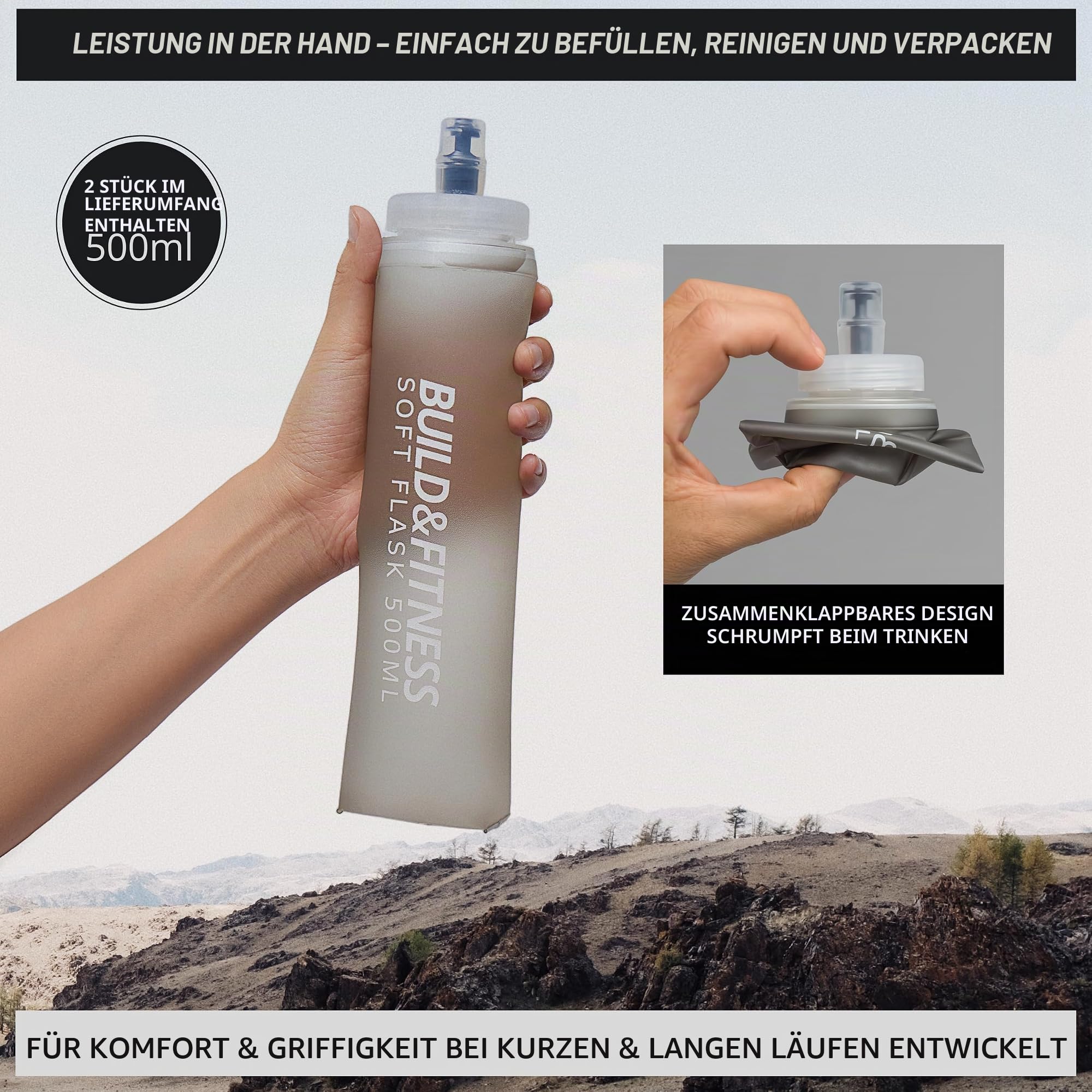 Build & Fitness LITEVEST Laufweste mit 2 x 500 ml Soft Flasks – 7 Taschen, leichte, atmungsaktive Trinkweste – Premium, sicher, bequem und stylisch für Training, Trails, Marathons und Alltagsläufe