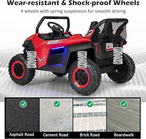 Miniatura 4 de HONEY JOY Auto de 2 plazas, camión de paseo a batería de 12 V con control remoto, suspensión de resorte, velocidad altabaja, almacenamiento, música,