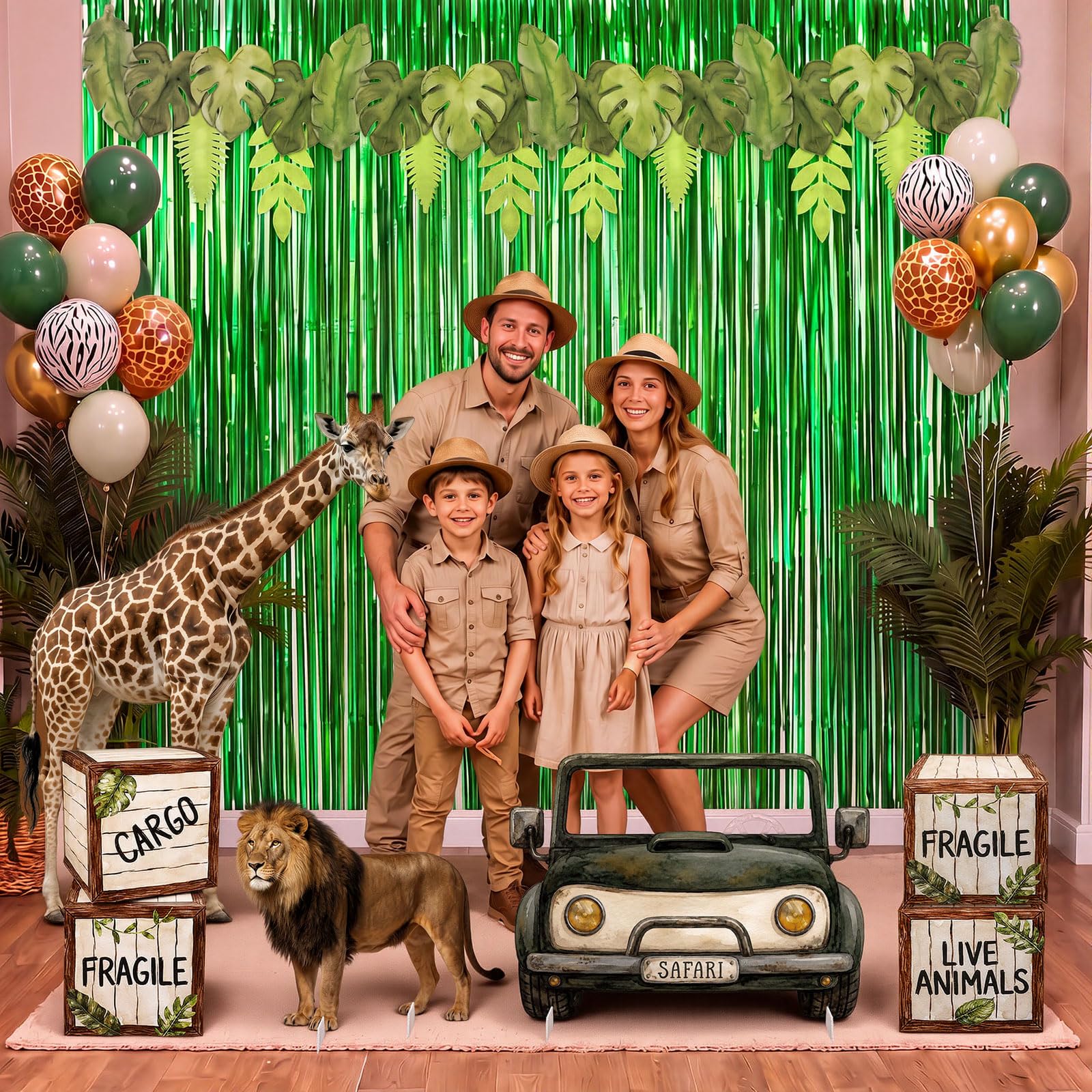 Jenaai 25 decorazioni per feste safari nella giungla grande kit con tenda verde con frange verdi, striscione con foglie di palma, sagoma per auto safari con giraffa leone e scatole per forniture per