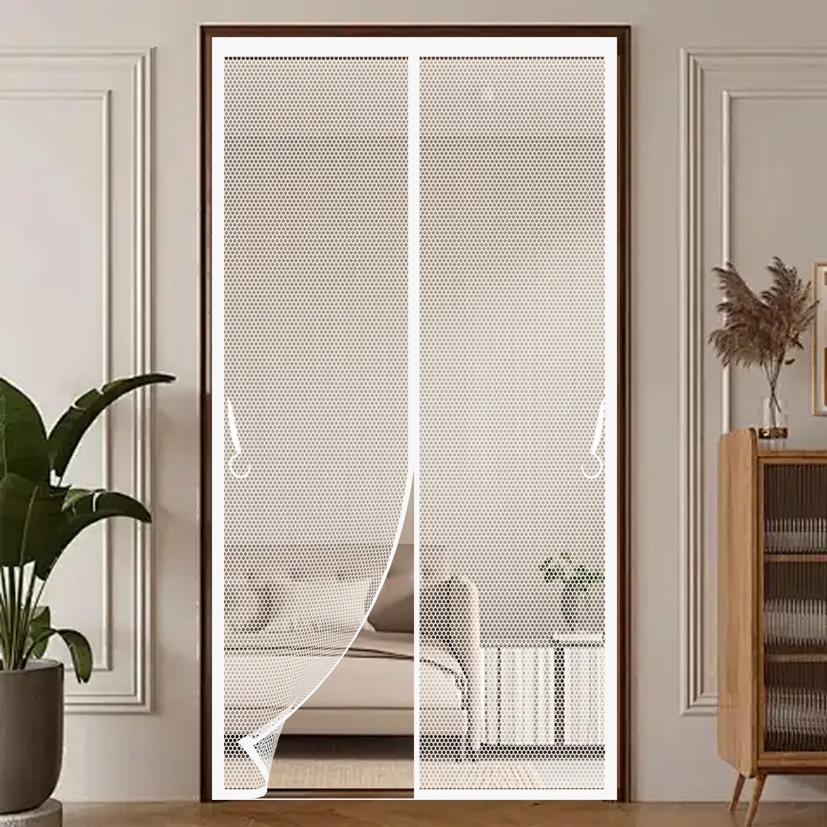 Magnetic Fly Screen Door 138 x 153 cm Powerful Magnets, Self-Sealing, Polyester Fly Screens Doors Nets Heavy Duty, Lets Fresh Air Pet and Kid Friendly, White