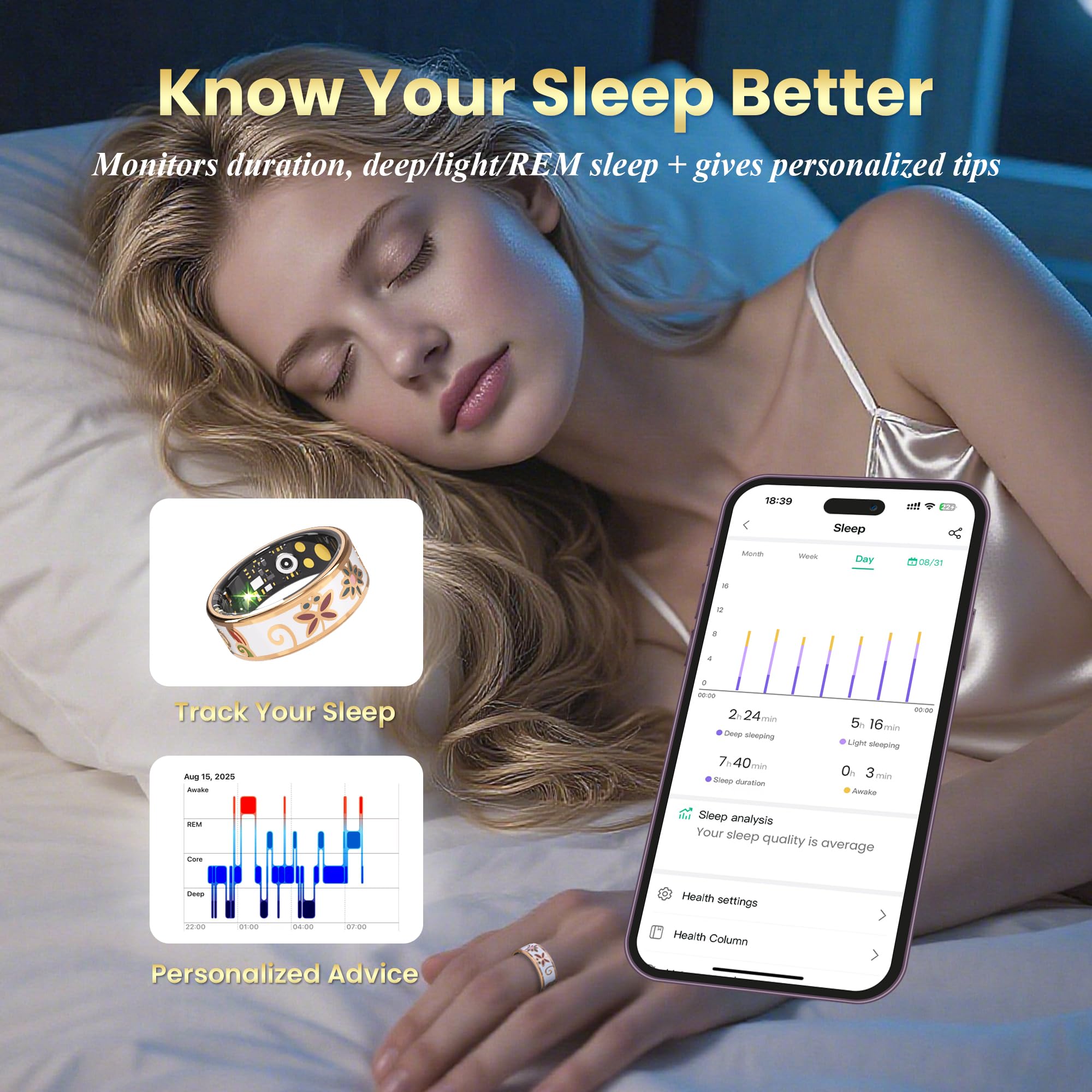 Enamel Craft Smart Ring for Women & Men - No Subscription Fee Fitness Tracker with Sleep Tracking, Heart Rate, SpO2 - IP68 Waterproof for iPhone Android - Activity Tracker, Remote Camera Size10