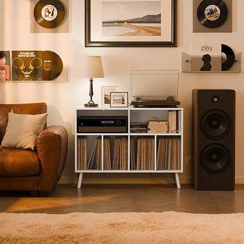 Vista 4 de Cozy Castle - Soporte para tocadiscos con gabinete de almacenamiento de vinilo, mesa de tocadiscos de madera con estante abierto, organizador