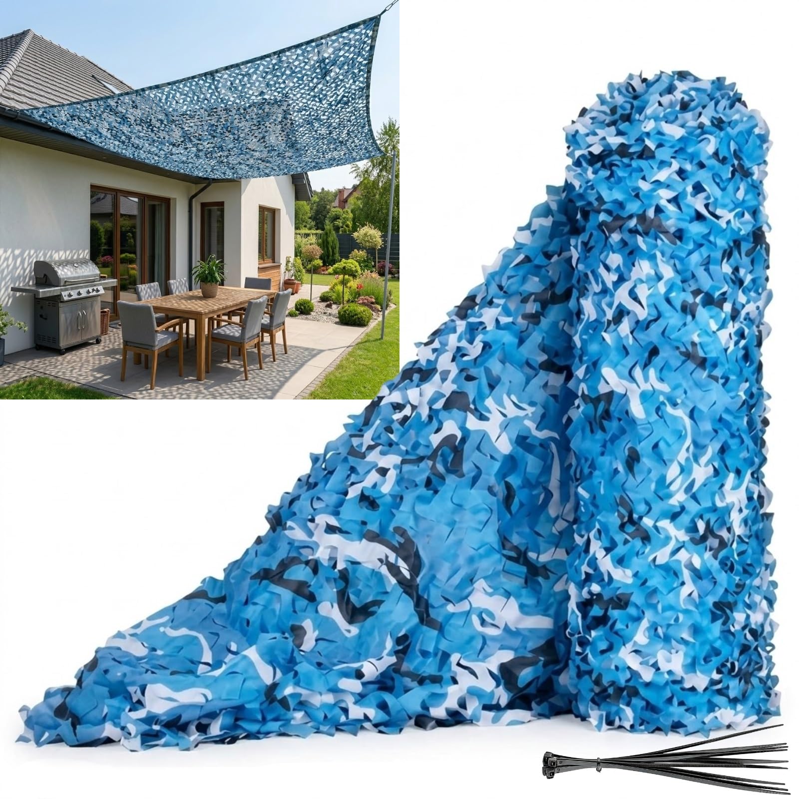 Filet de camouflage renforcé anti-UV voile d'ombrage bleu 4x4m