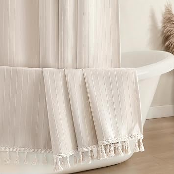 Seasonwood Beige Boho Shower Curtain 72 x 72 Textured Vertical Striped Shower Curtain Bohemian Chic Tassel Neutral Shower Curtains Beige/Cream