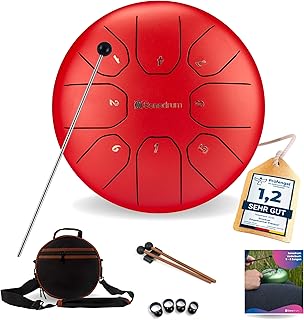 Zungentrommel "Standard" C - Dur in Rot - 20 cm klein mit 8 Tönen - Steel Tongue Drum inkl. Liederbuch, Schlägel, Fingersticks und Tragetasche - Notenlesen nicht nötig, einfach zu spielen.