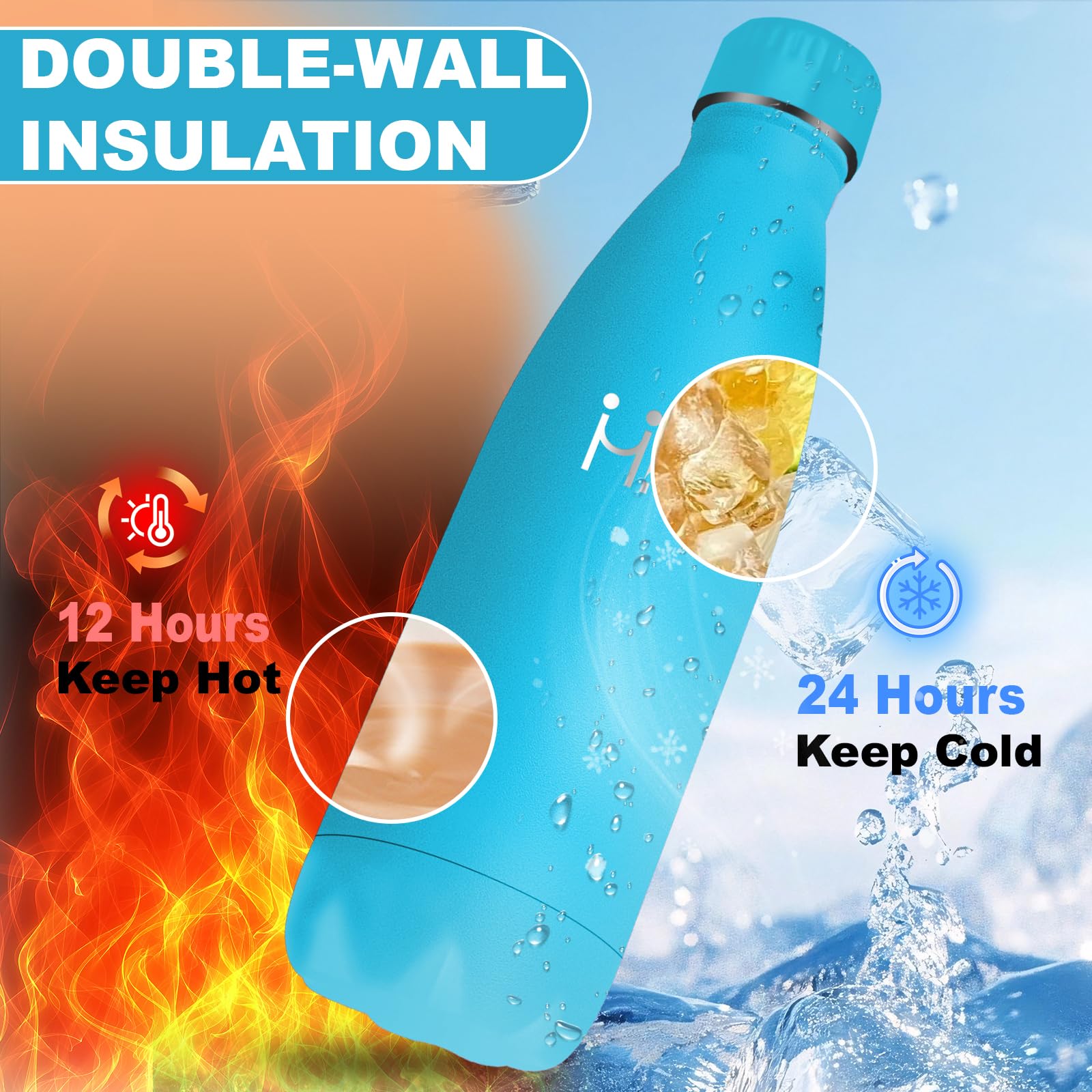 Mujigaga Borraccia Termica, Borraccia 500 ml, Senza BPA, Senza Perdite, Borracce Acciaio Inox, Mantiene Caldo per 12 Ore/Freddo 24 Ore, Borracce per Scuole, Viaggio, Palestra, Sport