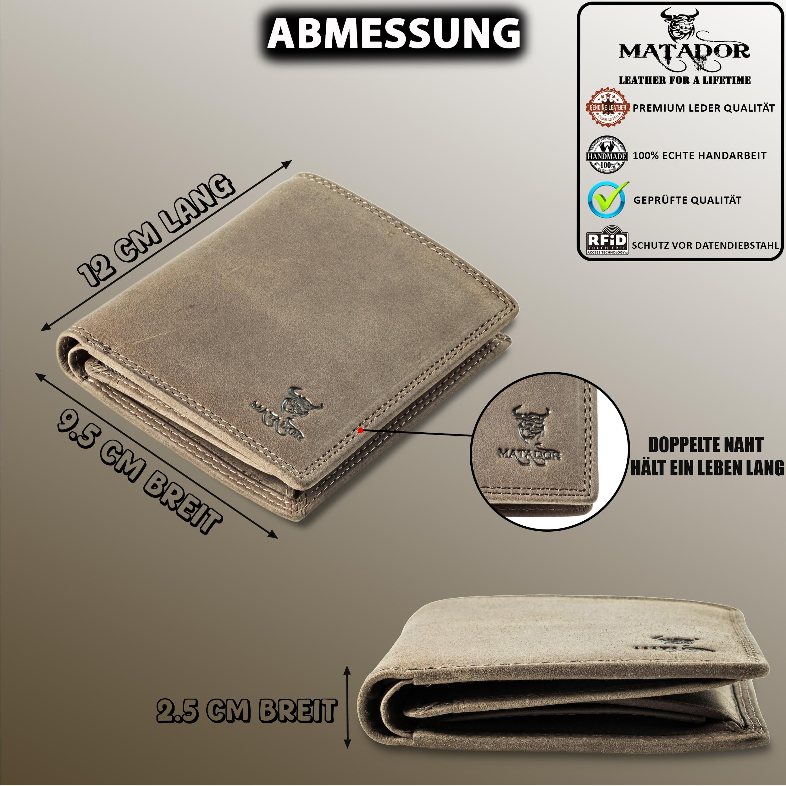 Matador Cartera Hombre Piel RFID 12 Tarjeteros Monedero Gris